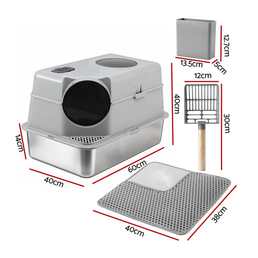 i.Pet Cat Litter Box Large Stainless Steel High Sided Pet Toilet Odour Control PET-CLB-STL-CV-LTGR