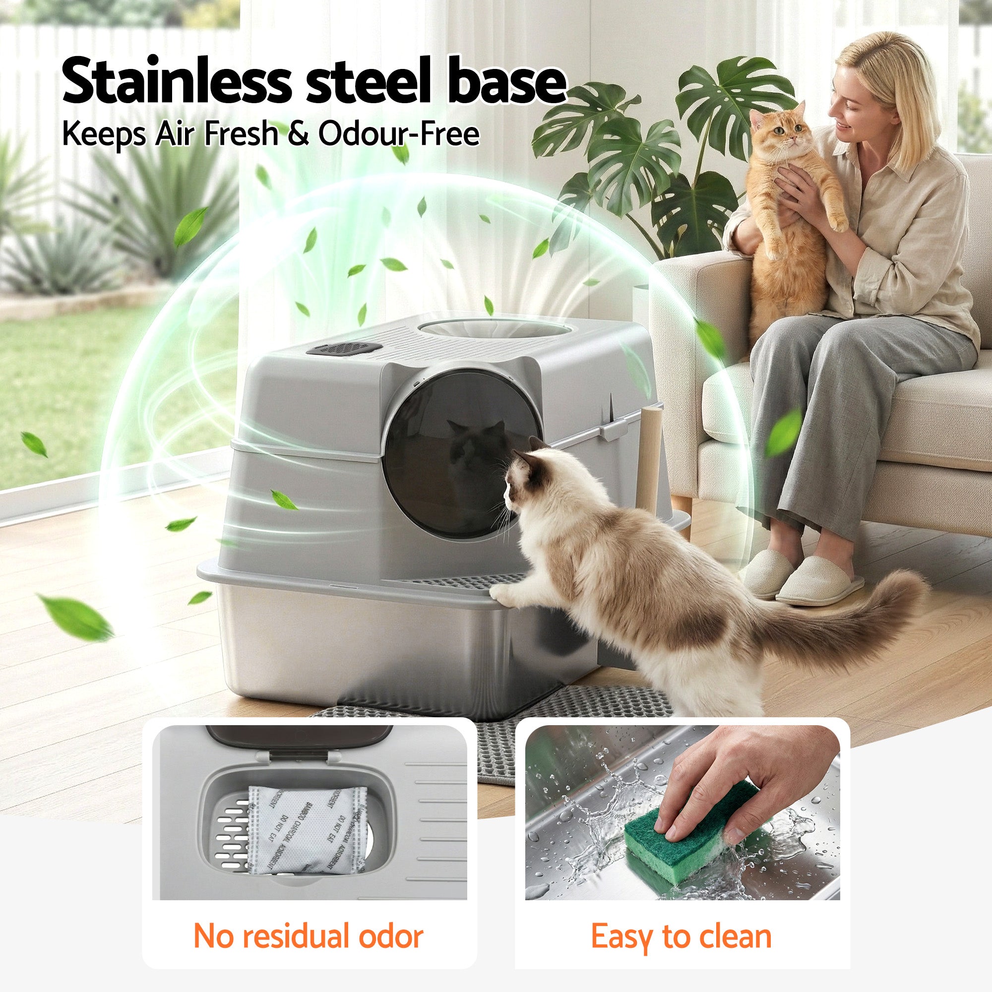 i.Pet Cat Litter Box Large Stainless Steel High Sided Pet Toilet Odour Control PET-CLB-STL-CV-LTGR