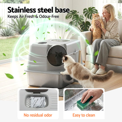 i.Pet Cat Litter Box Large Stainless Steel High Sided Pet Toilet Odour Control PET-CLB-STL-CV-LTGR