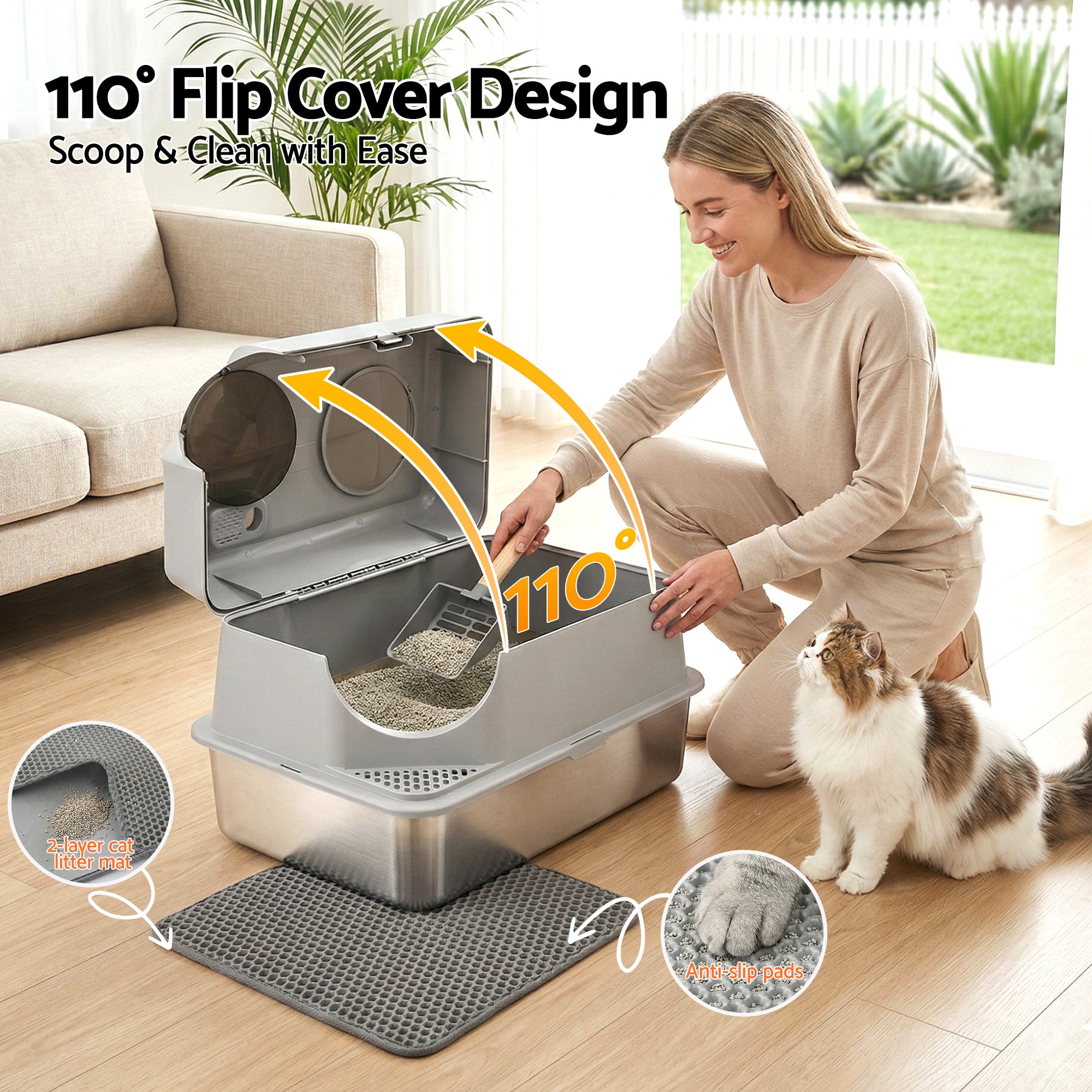 i.Pet Cat Litter Box Large Stainless Steel High Sided Pet Toilet Odour Control PET-CLB-STL-CV-LTGR