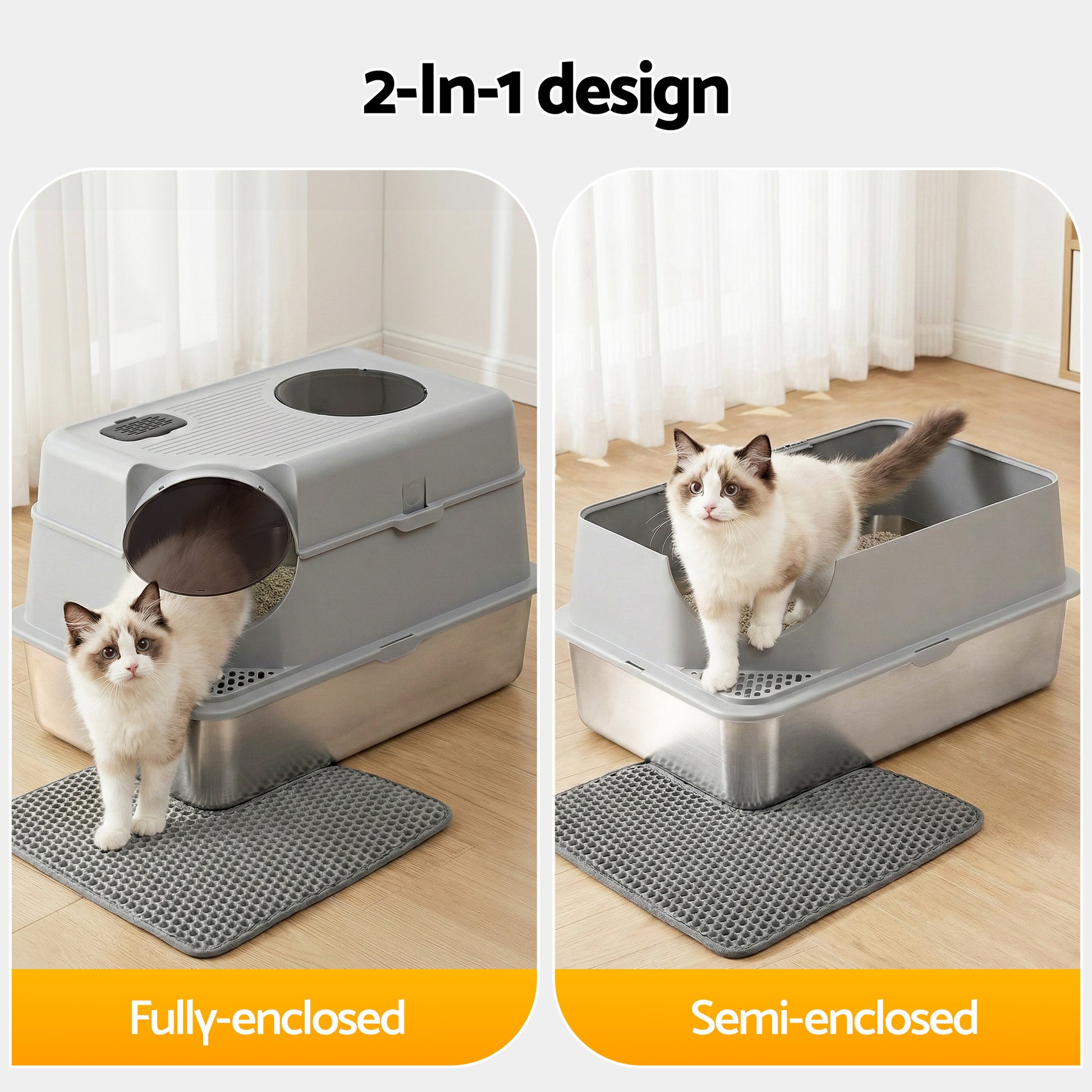 i.Pet Cat Litter Box Large Stainless Steel High Sided Pet Toilet Odour Control PET-CLB-STL-CV-LTGR