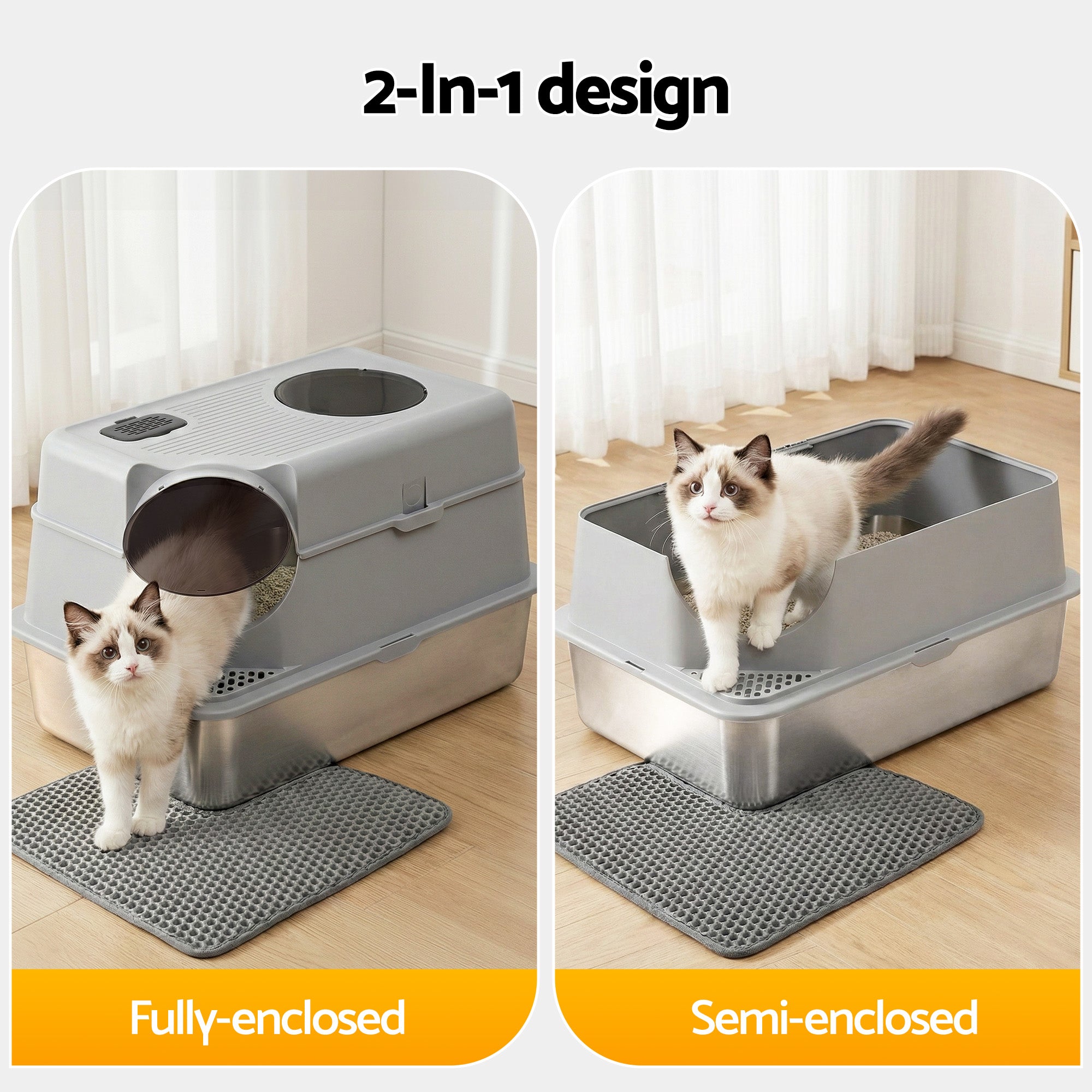 i.Pet Cat Litter Box Large Stainless Steel High Sided Pet Toilet Odour Control PET-CLB-STL-CV-LTGR