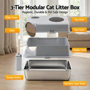 i.Pet Cat Litter Box Large Stainless Steel High Sided Pet Toilet Odour Control PET-CLB-STL-CV-LTGR