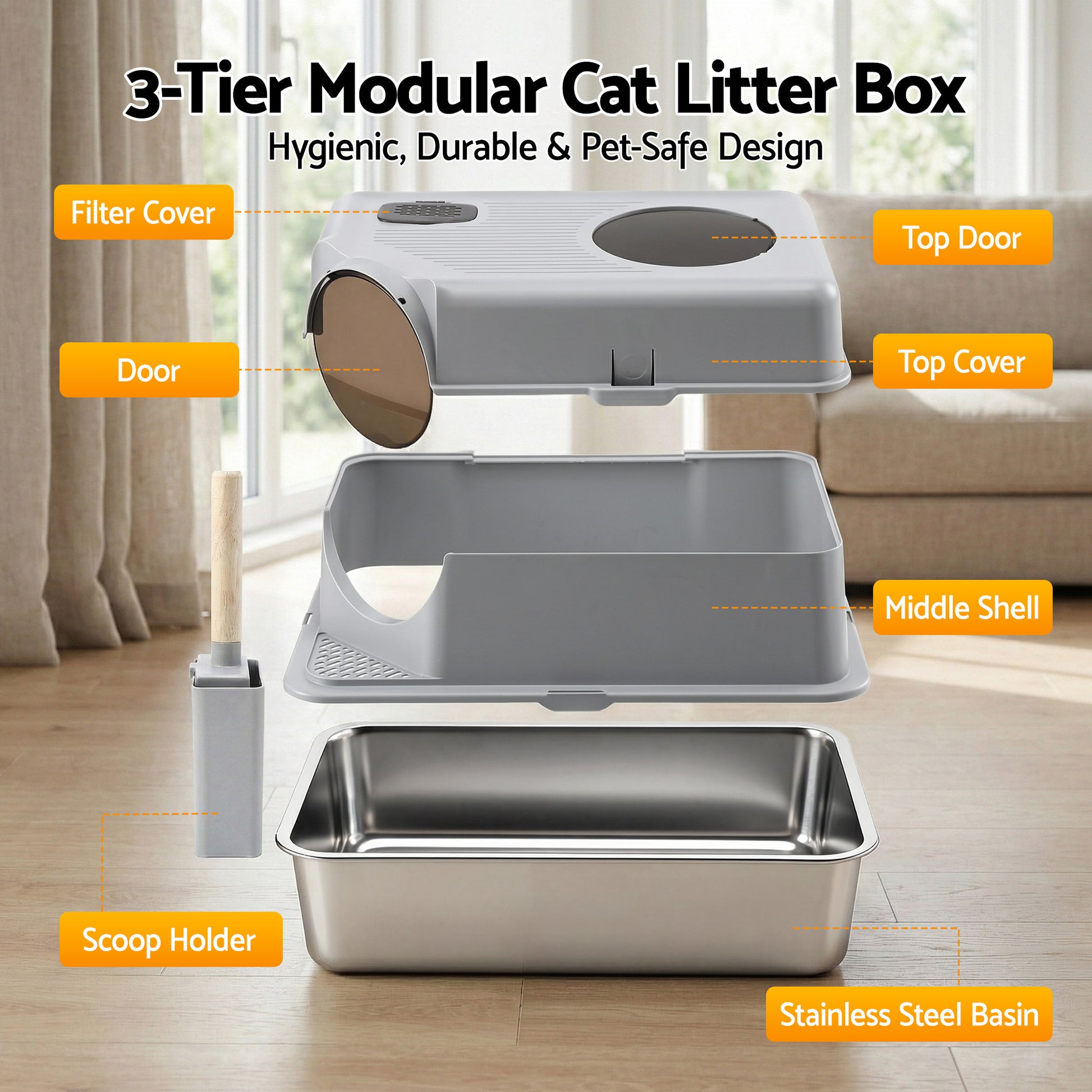 i.Pet Cat Litter Box Large Stainless Steel High Sided Pet Toilet Odour Control PET-CLB-STL-CV-LTGR