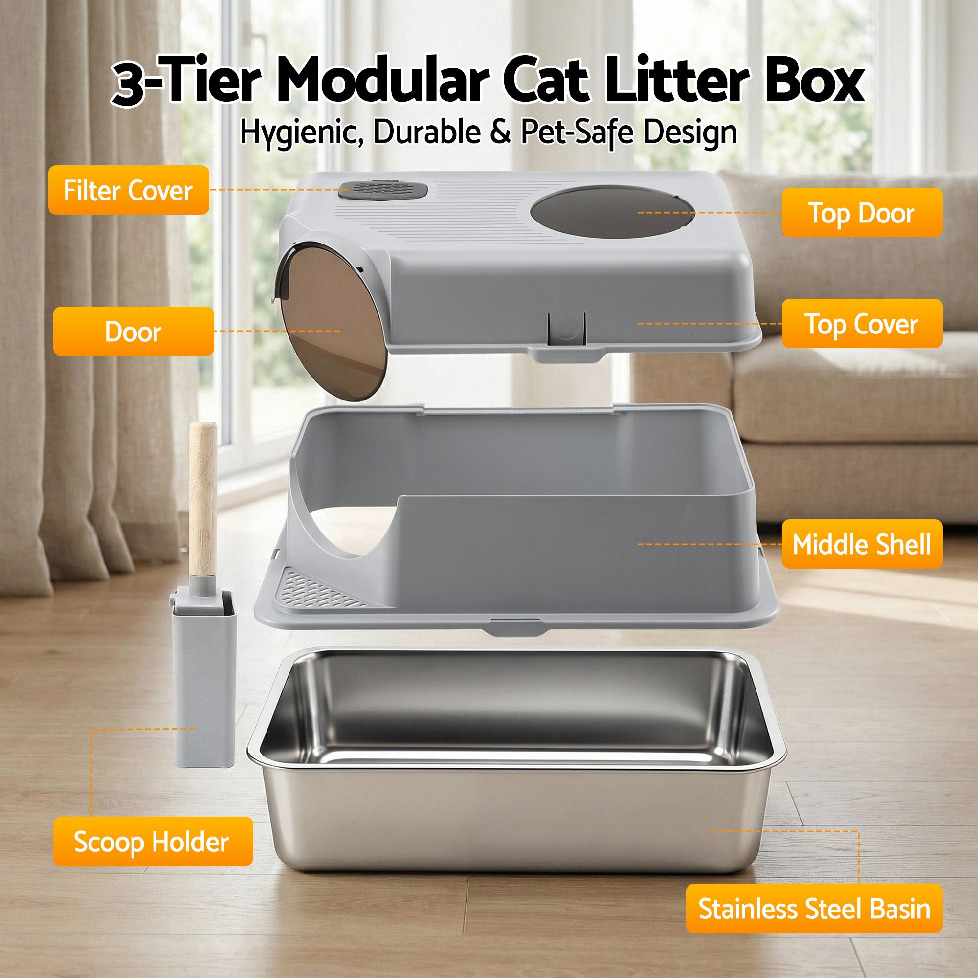 i.Pet Cat Litter Box Large Stainless Steel High Sided Pet Toilet Odour Control PET-CLB-STL-CV-LTGR