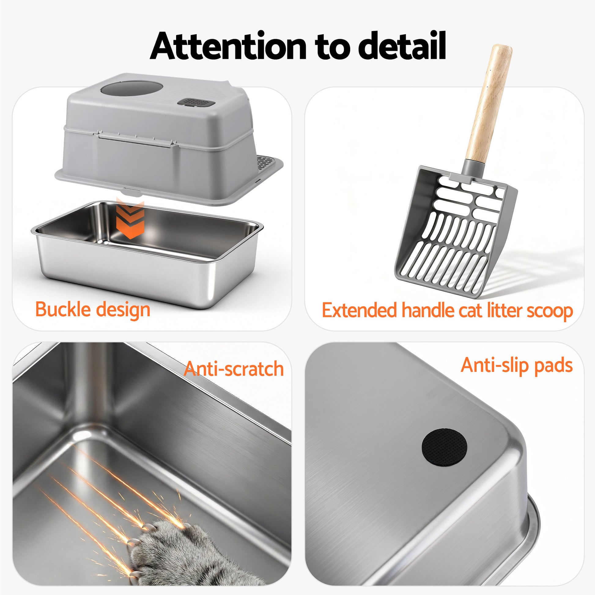 i.Pet Cat Litter Box Large Stainless Steel High Sided Pet Toilet Odour Control PET-CLB-STL-CV-LTGR