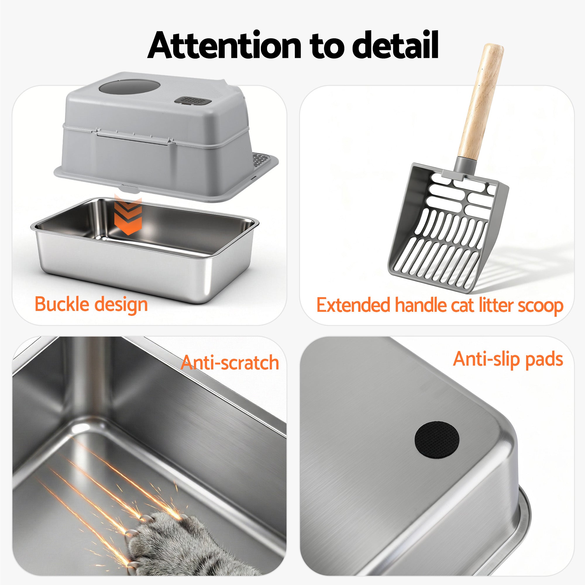 i.Pet Cat Litter Box Large Stainless Steel High Sided Pet Toilet Odour Control PET-CLB-STL-CV-LTGR