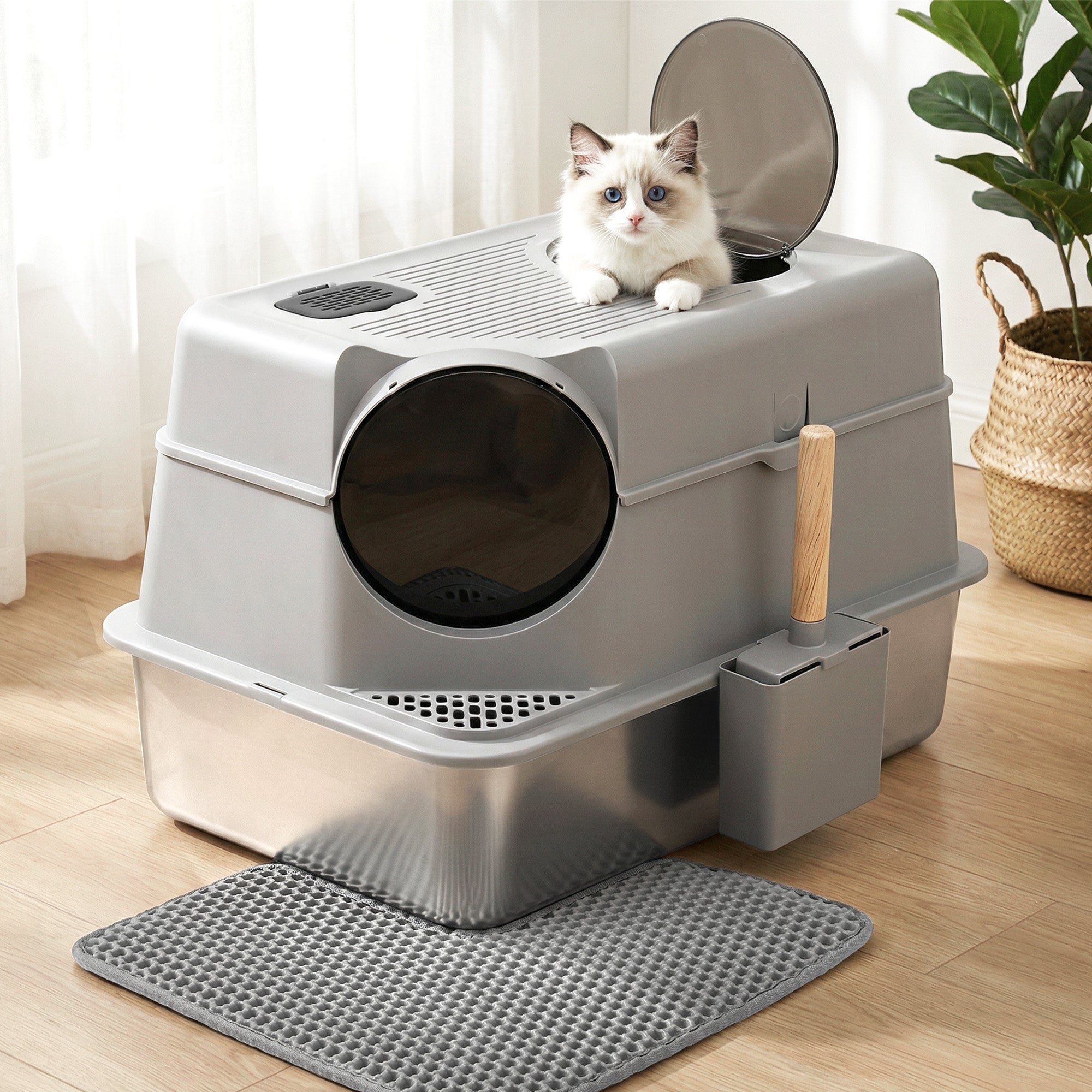 i.Pet Cat Litter Box Large Stainless Steel High Sided Pet Toilet Odour Control PET-CLB-STL-CV-LTGR