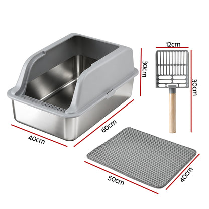 i.Pet Cat Litter Box Stainless Steel Large Semi-Enclosed Pet Kitty Toilet Grey PET-CLB-STL-LTGR