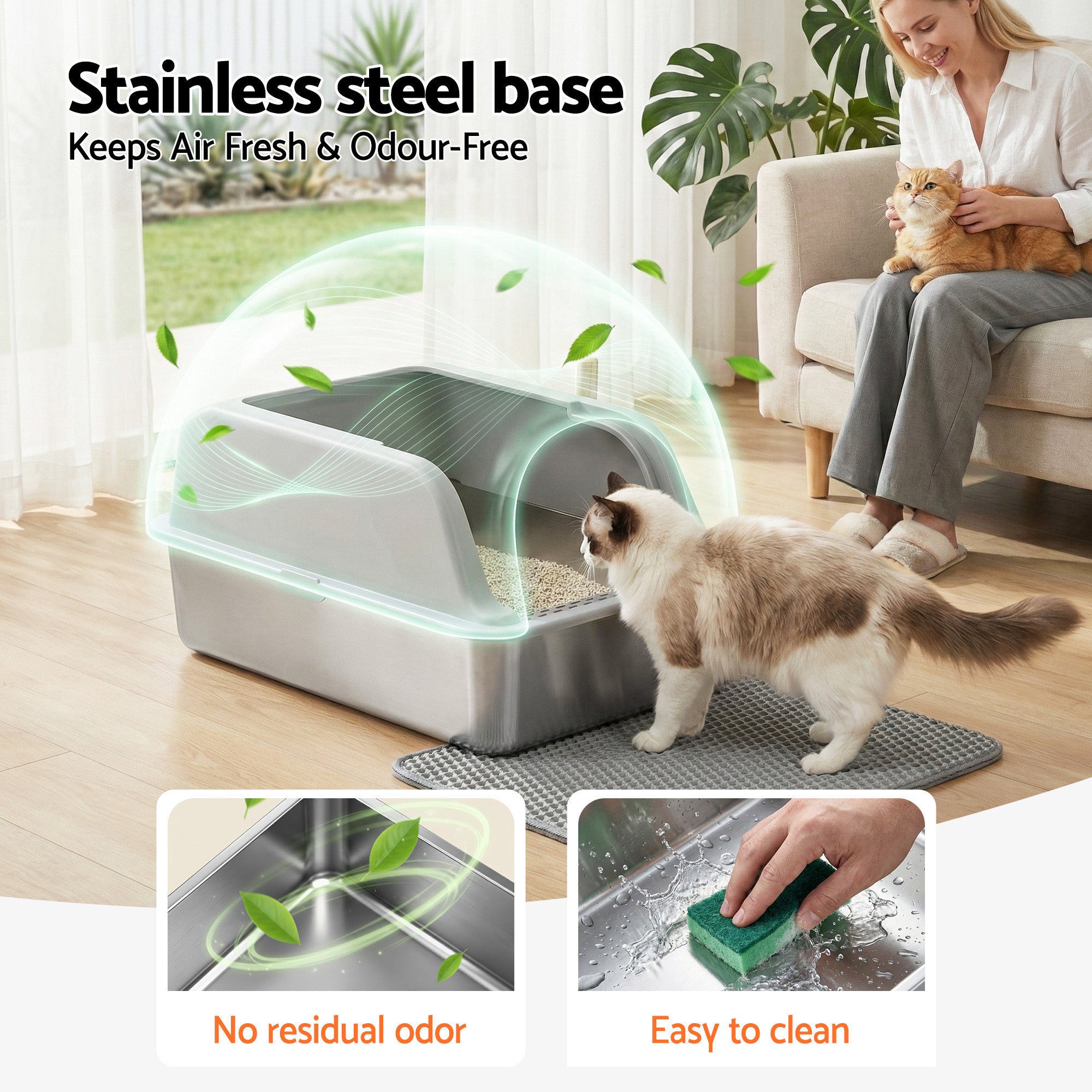 i.Pet Cat Litter Box Stainless Steel Large Semi-Enclosed Pet Kitty Toilet Grey PET-CLB-STL-LTGR