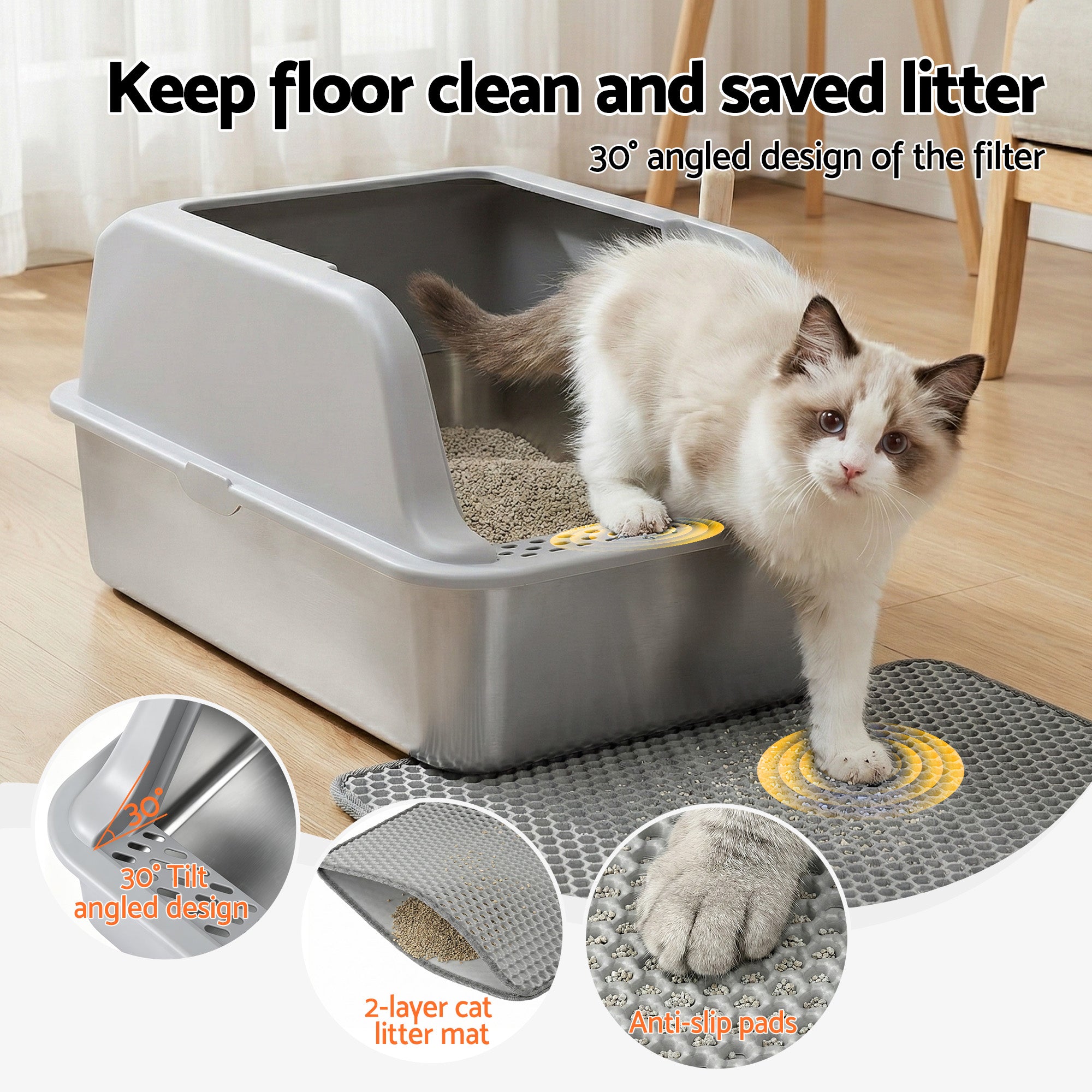 i.Pet Cat Litter Box Stainless Steel Large Semi-Enclosed Pet Kitty Toilet Grey PET-CLB-STL-LTGR