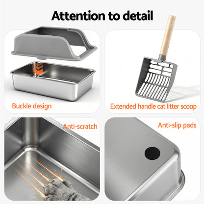 i.Pet Cat Litter Box Stainless Steel Large Semi-Enclosed Pet Kitty Toilet Grey PET-CLB-STL-LTGR