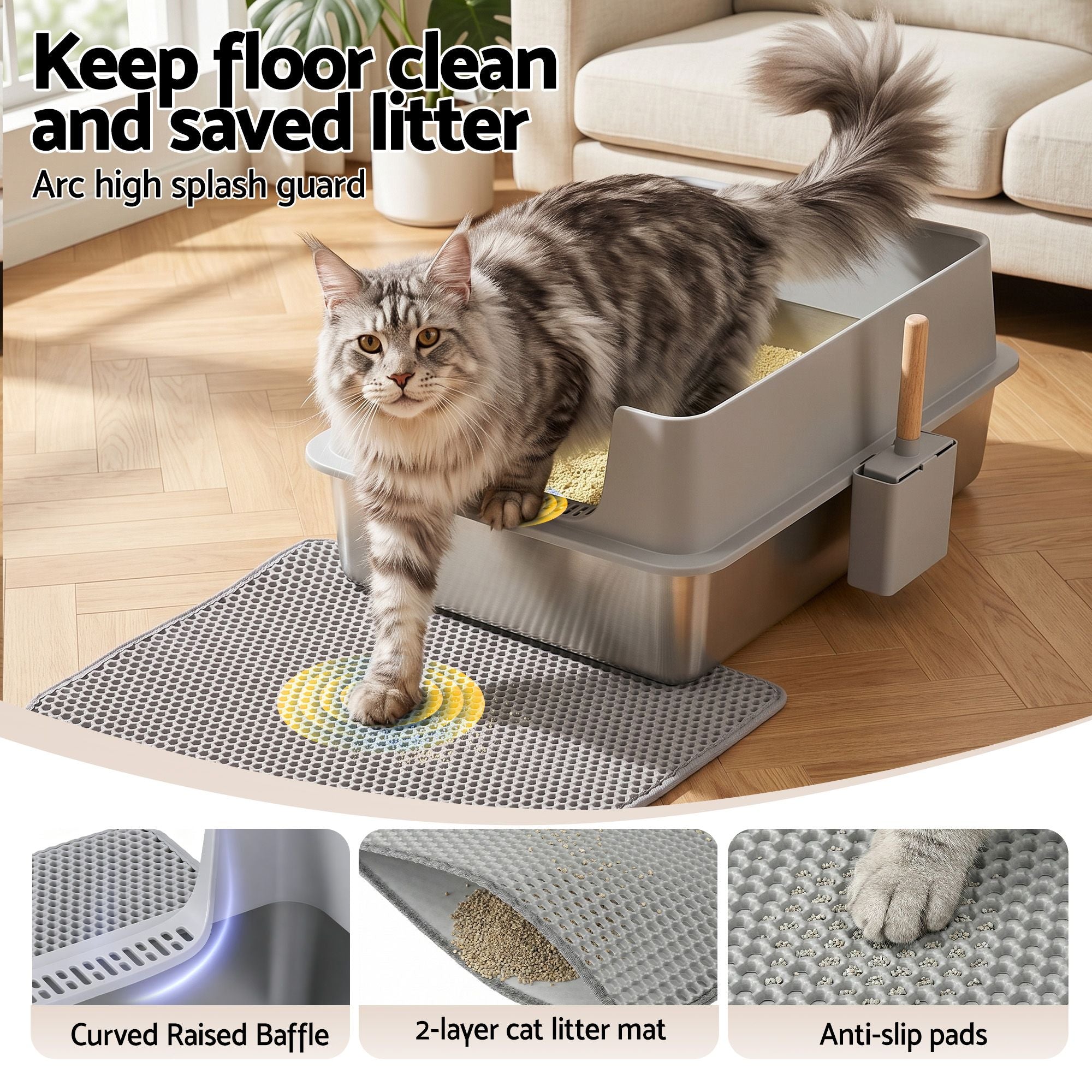 i.Pet XXL Cat Litter Box Stainless Steel Jumbo Semi-Enclosed Pet Kitty Toilet Grey