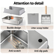i.Pet XXL Cat Litter Box Stainless Steel Jumbo Semi-Enclosed Pet Kitty Toilet Grey