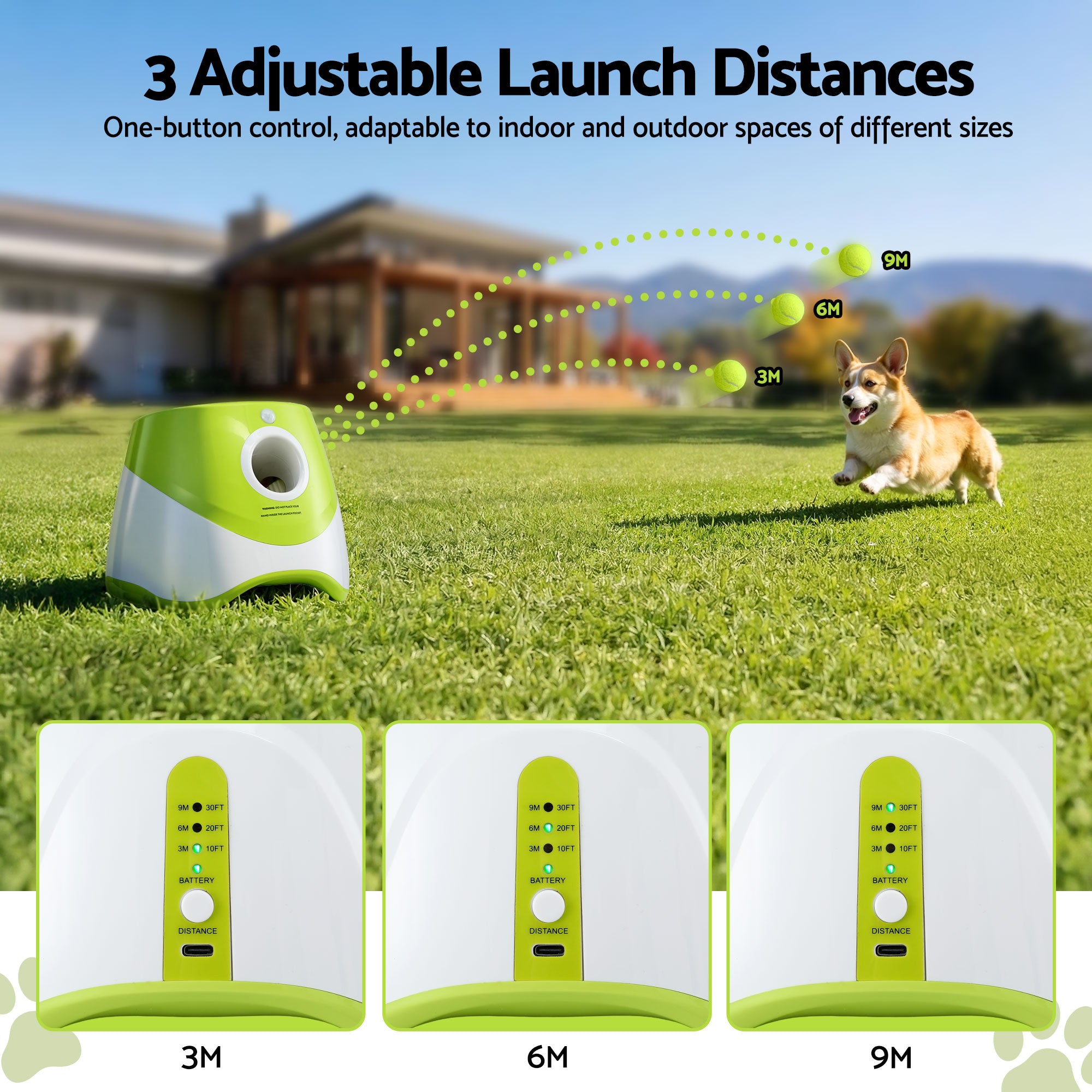 i.Pet Dog Ball Launcher Thrower with 6 Balls & 3/6/9m Launch Distances Green PET-DOG-6BALL-9M-GN