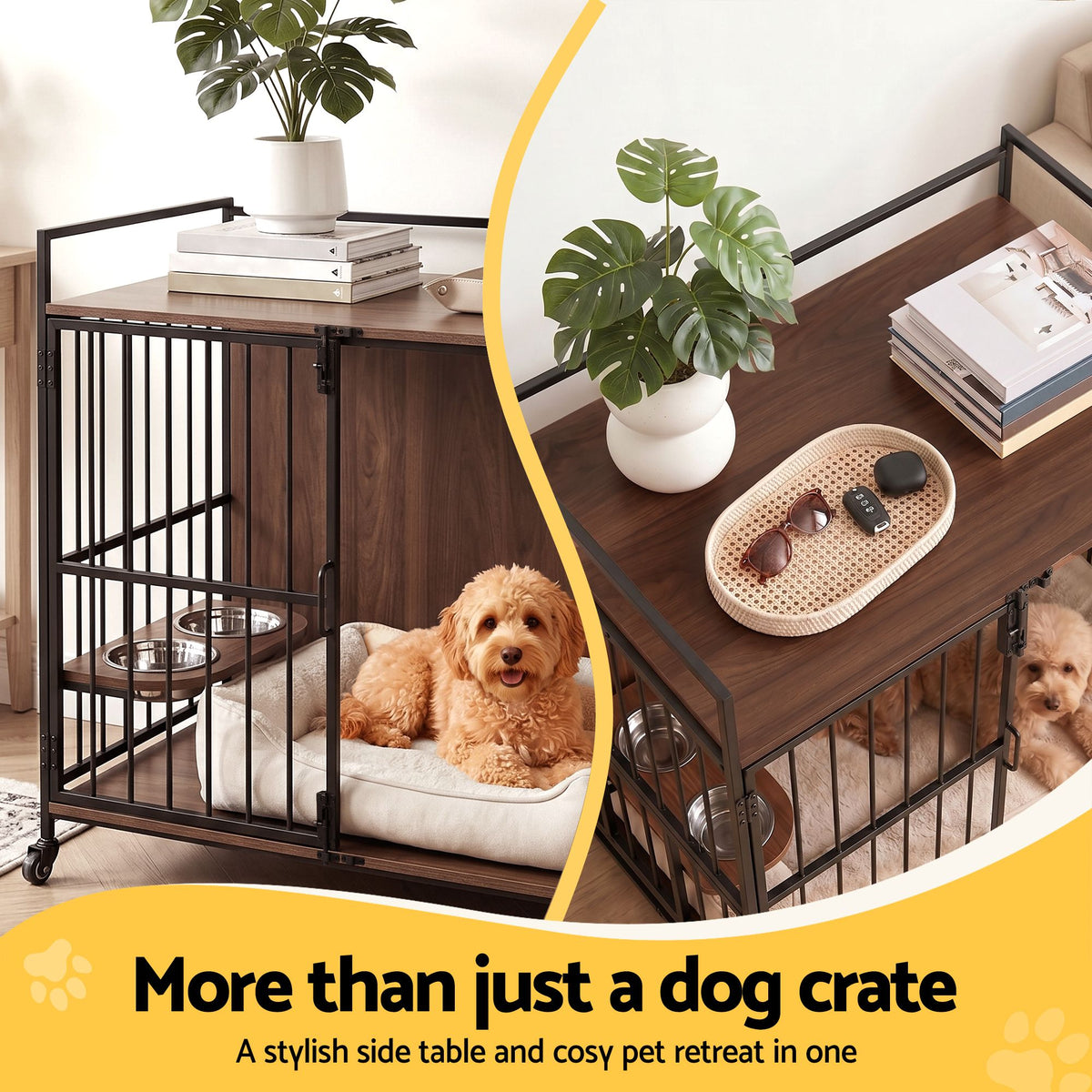 i.Pet 2-in-1 Wooden Dog Crate 99cm Pet Cage Furniture End Table Wheels Black PET-DOGCAGE-WH-99-BK