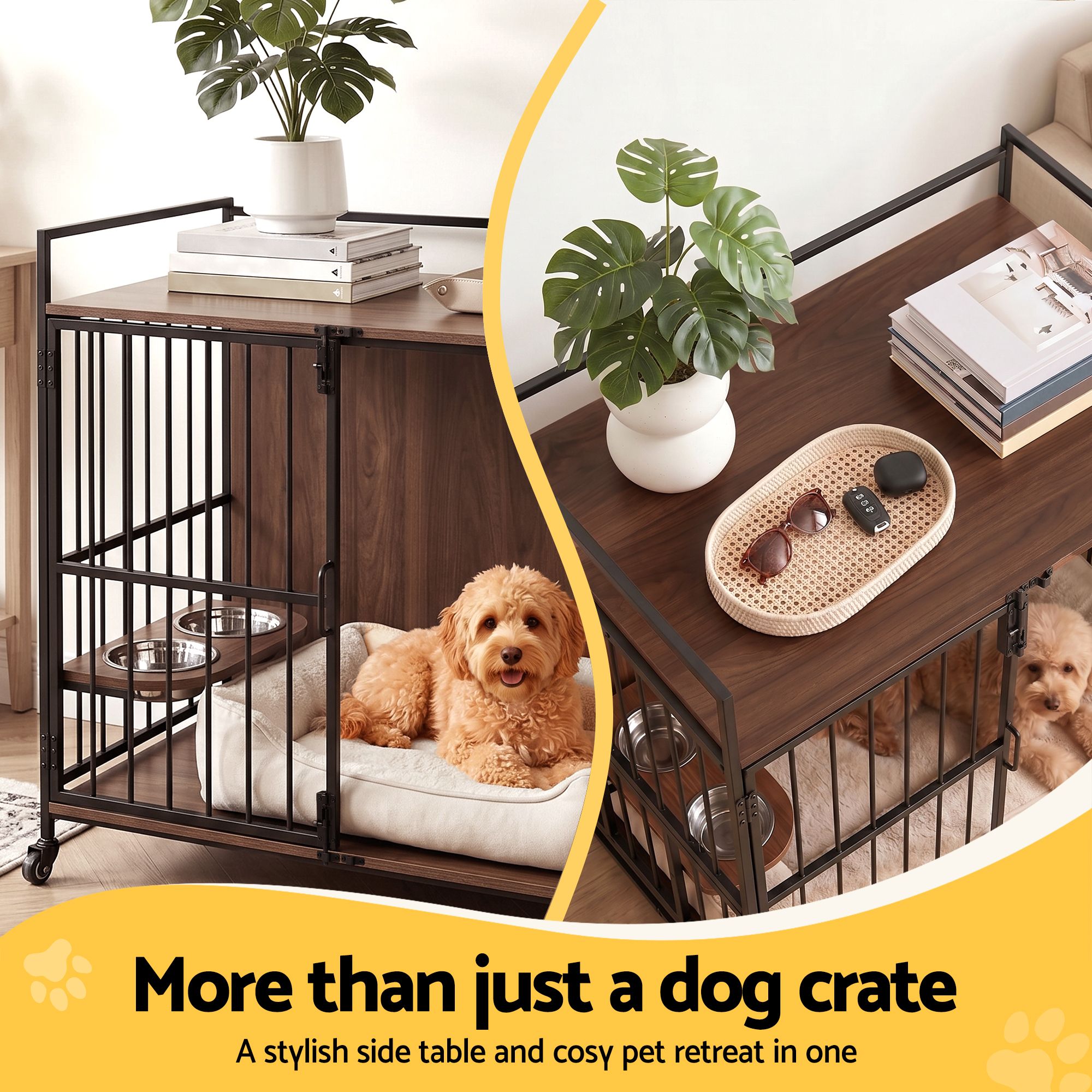 i.Pet 2-in-1 Wooden Dog Crate 99cm Pet Cage Furniture End Table Wheels Black PET-DOGCAGE-WH-99-BK