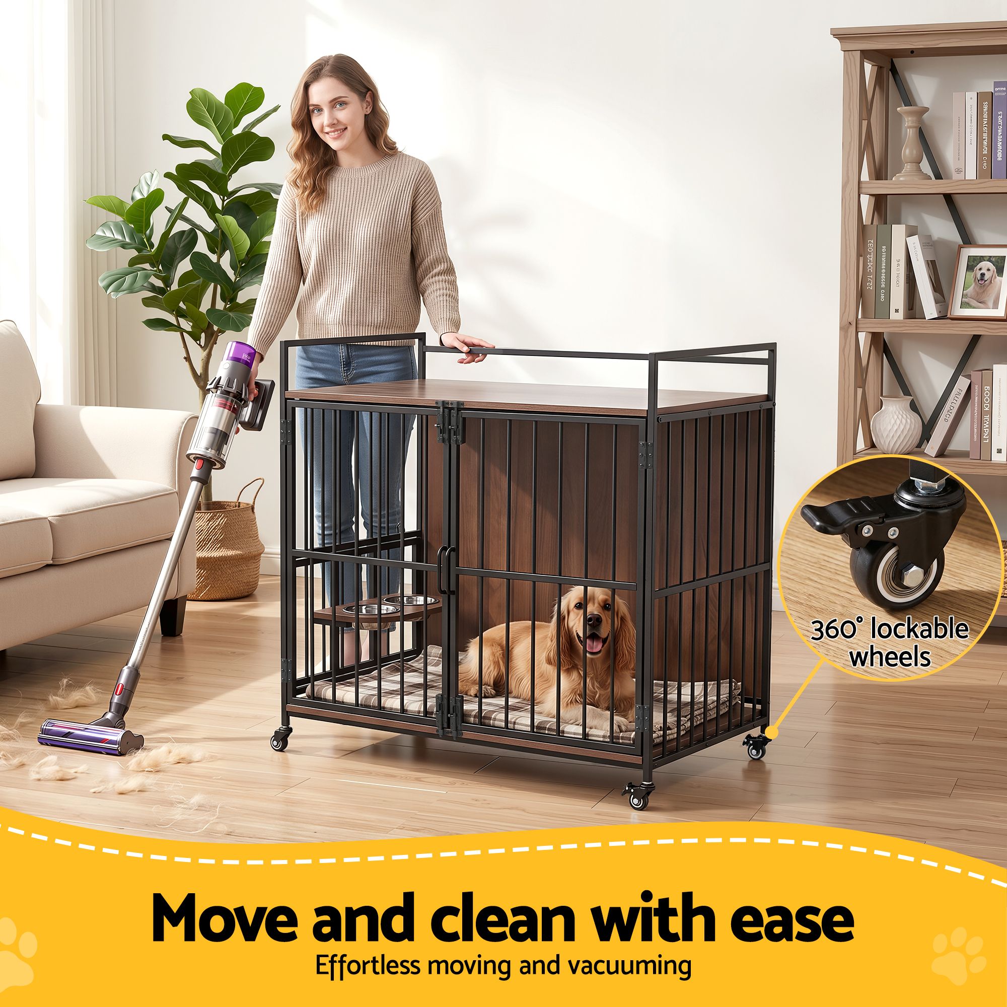 i.Pet 2-in-1 Wooden Dog Crate 99cm Pet Cage Furniture End Table Wheels Black PET-DOGCAGE-WH-99-BK