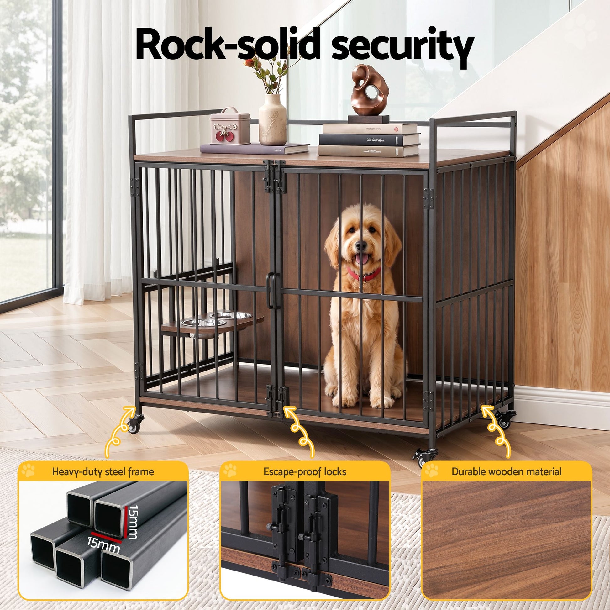 i.Pet 2-in-1 Wooden Dog Crate 99cm Pet Cage Furniture End Table Wheels Black PET-DOGCAGE-WH-99-BK