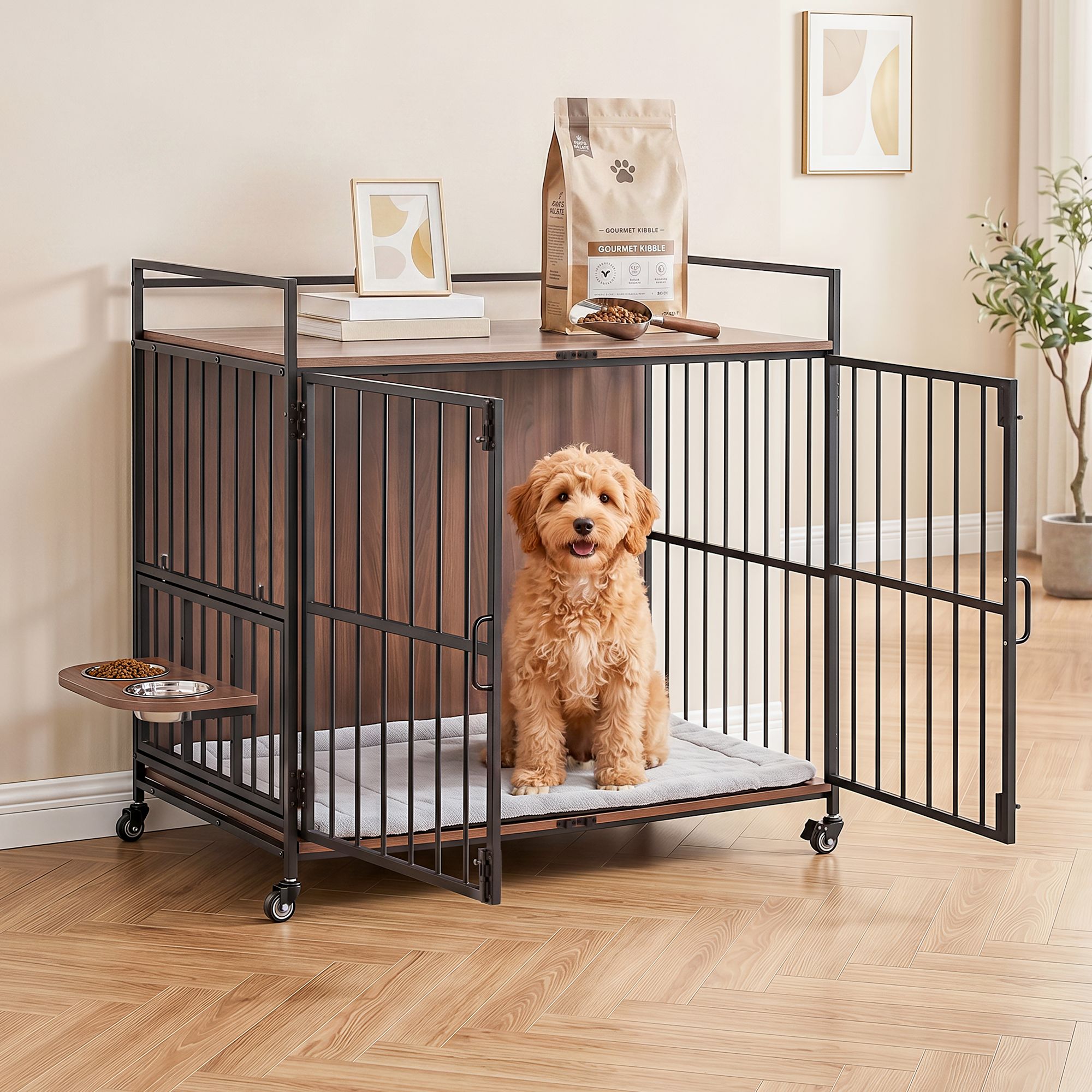 i.Pet 2-in-1 Wooden Dog Crate 99cm Pet Cage Furniture End Table Wheels Black PET-DOGCAGE-WH-99-BK