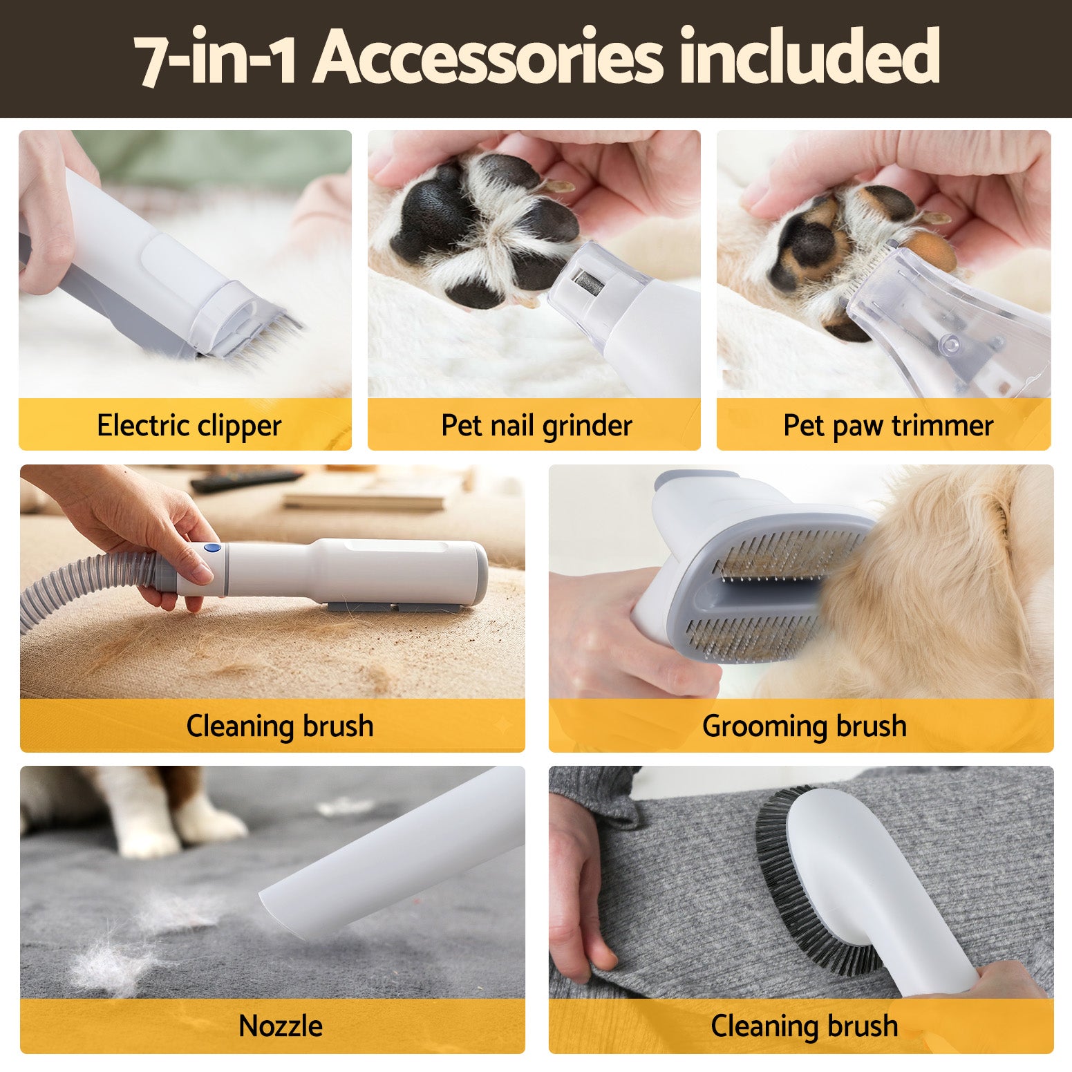 i.Pet Pet Grooming Kit Vacuum Dog Cat Hair Dryer Remover Clipper Brushes Cleaning PET-DRYER-7IN1-WH
