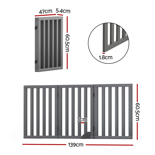 i.Pet Dog Gate Playpen Enclosure 3 Panels Pet Door Fence Wooden Play Pen Stair PET-GATE-WD-139X60-GR