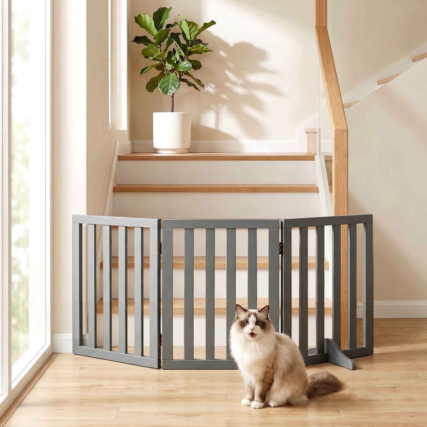 i.Pet Dog Gate Playpen Enclosure 3 Panels Pet Door Fence Wooden Play Pen Stair PET-GATE-WD-139X60-GR