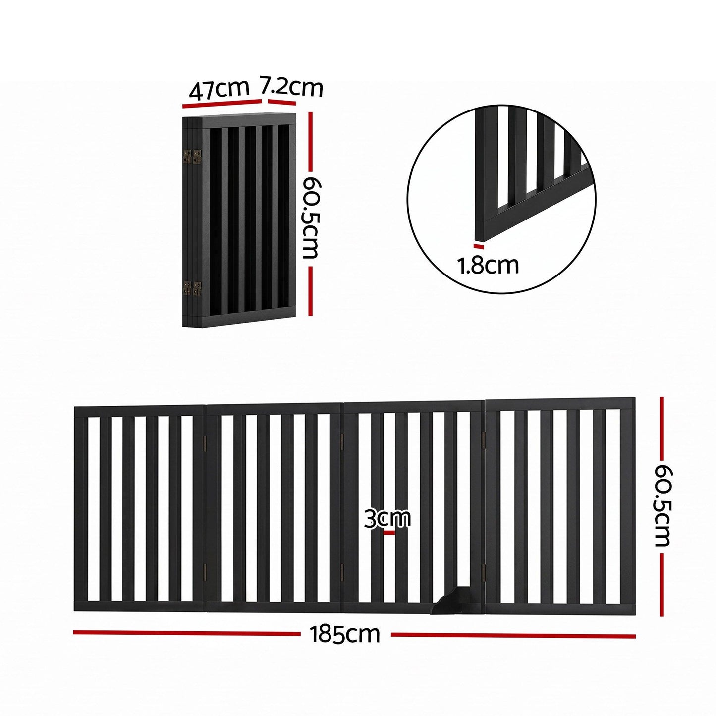 i.Pet Dog Gate Playpen Enclosure 4 Panels Pet Door Fence Wooden Play Pen Stair PET-GATE-WD-185X60-BK