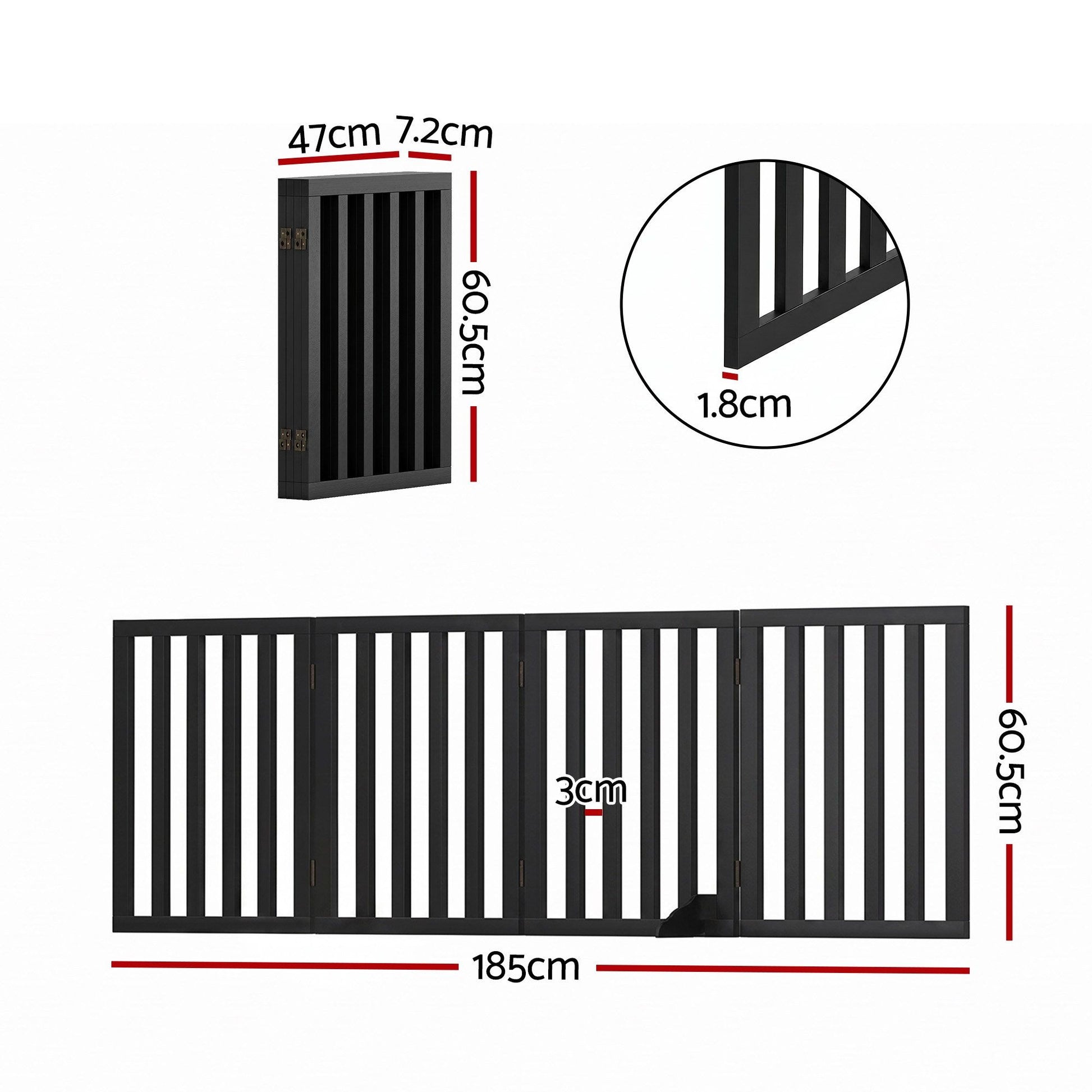 i.Pet Dog Gate Playpen Enclosure 4 Panels Pet Door Fence Wooden Play Pen Stair PET-GATE-WD-185X60-BK