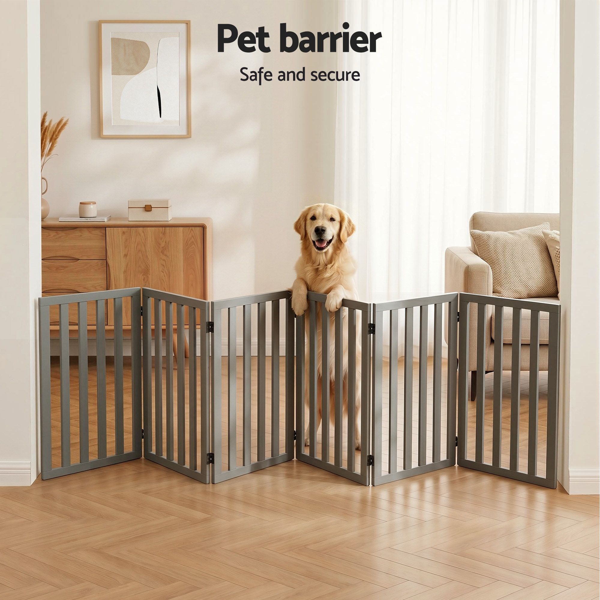 i.Pet Dog Gate Playpen Enclosure 6 Panels Pet Door Fence Wooden Play Pen Stair