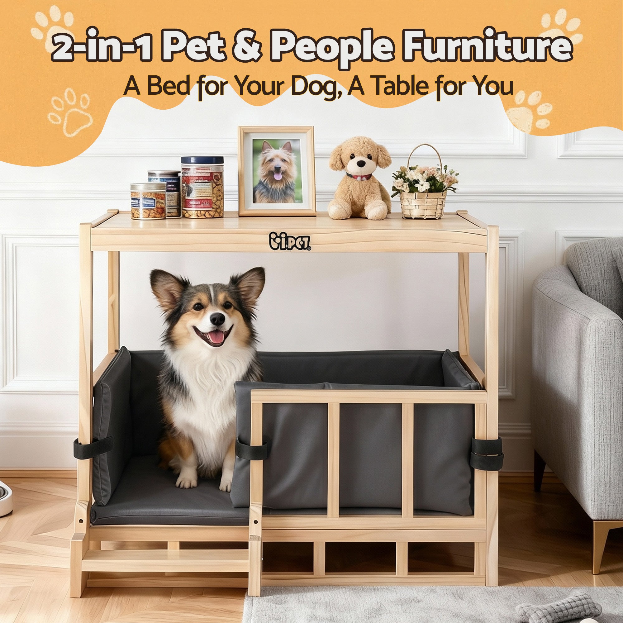 i.Pet 2in1 Dog Kennel Crate Furniture Grey Bedding Wooden House Indoor PET-GT-DH75-BED-BR
