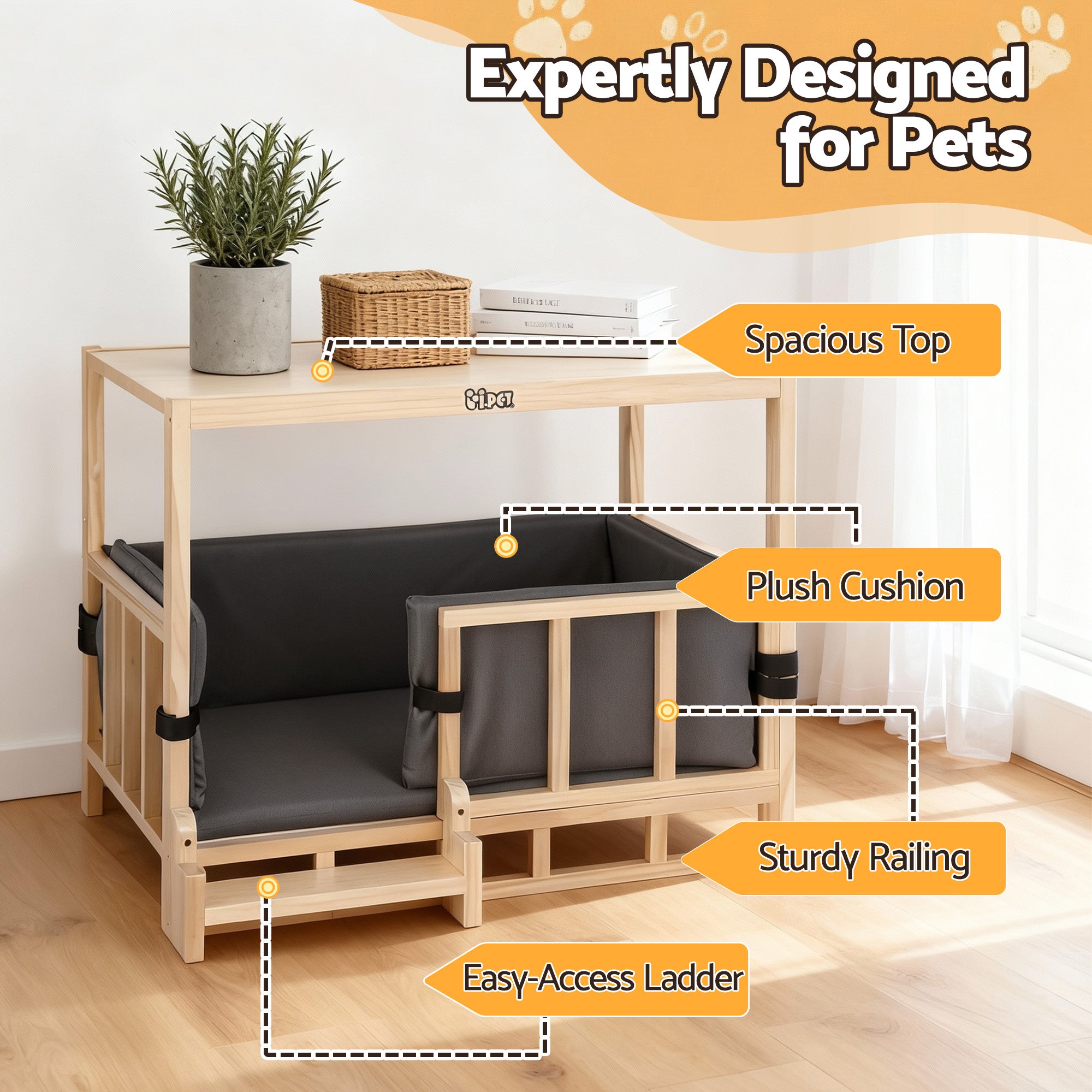 i.Pet 2in1 Dog Kennel Crate Furniture Grey Bedding Wooden House Indoor PET-GT-DH75-BED-BR