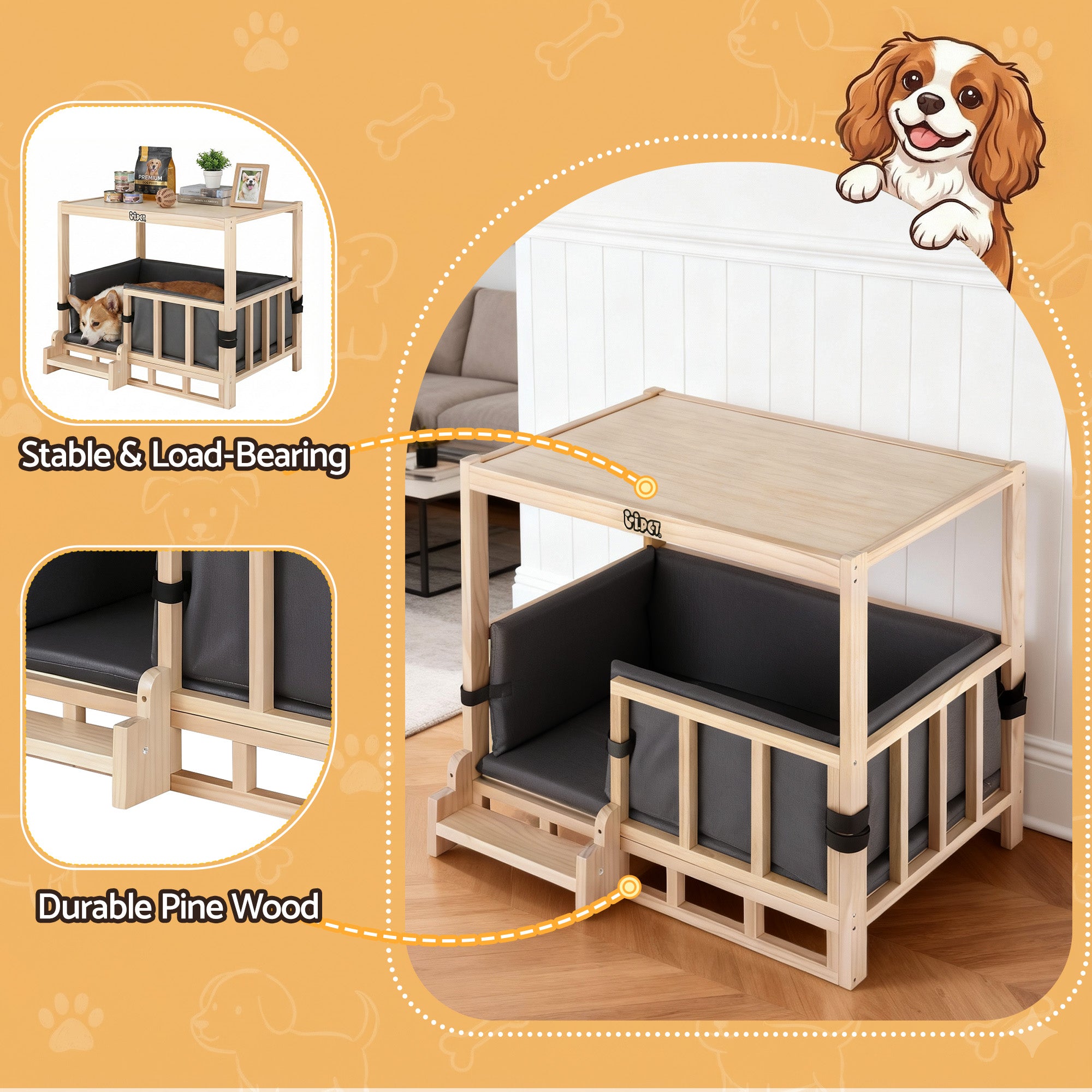 i.Pet 2in1 Dog Kennel Crate Furniture Grey Bedding Wooden House Indoor PET-GT-DH75-BED-BR
