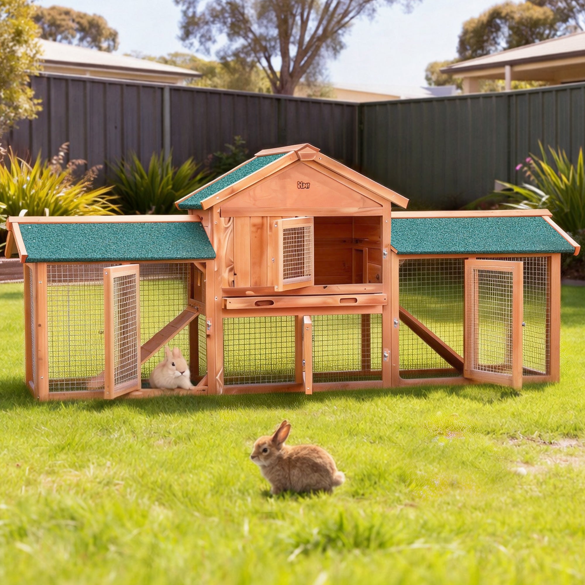i.Pet Chicken Coop Rabbit Hutch 220cm x 44cm x 84cm Large Chicken Coop Run Wooden Outdoor Cage House PET-GT-RH1500D-220