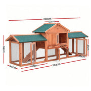 i.Pet Chicken Coop Rabbit Hutch 220cm x 44cm x 84cm Large Chicken Coop Run Wooden Outdoor Cage House PET-GT-RH1500D-220