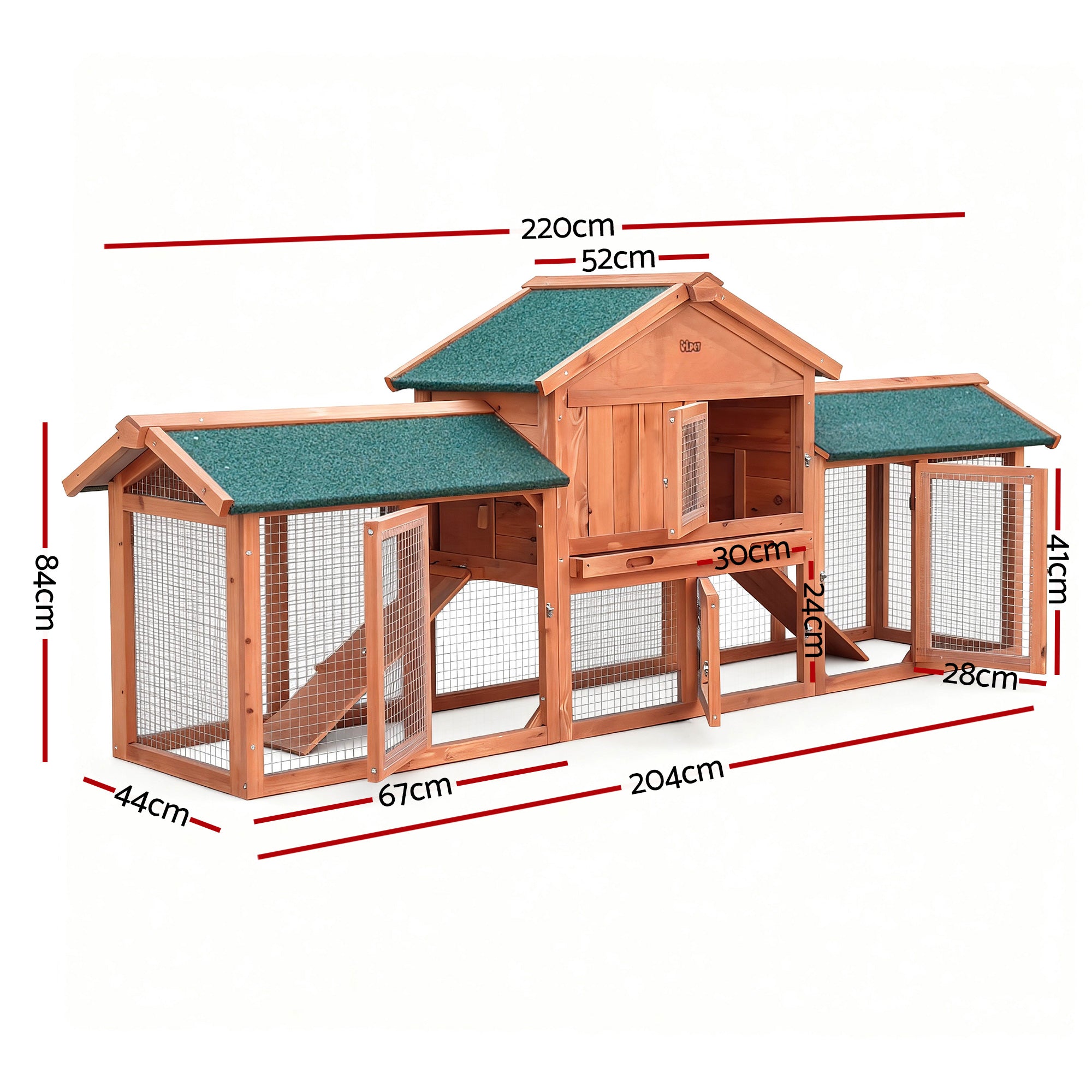 i.Pet Chicken Coop Rabbit Hutch 220cm x 44cm x 84cm Large Chicken Coop Run Wooden Outdoor Cage House PET-GT-RH1500D-220