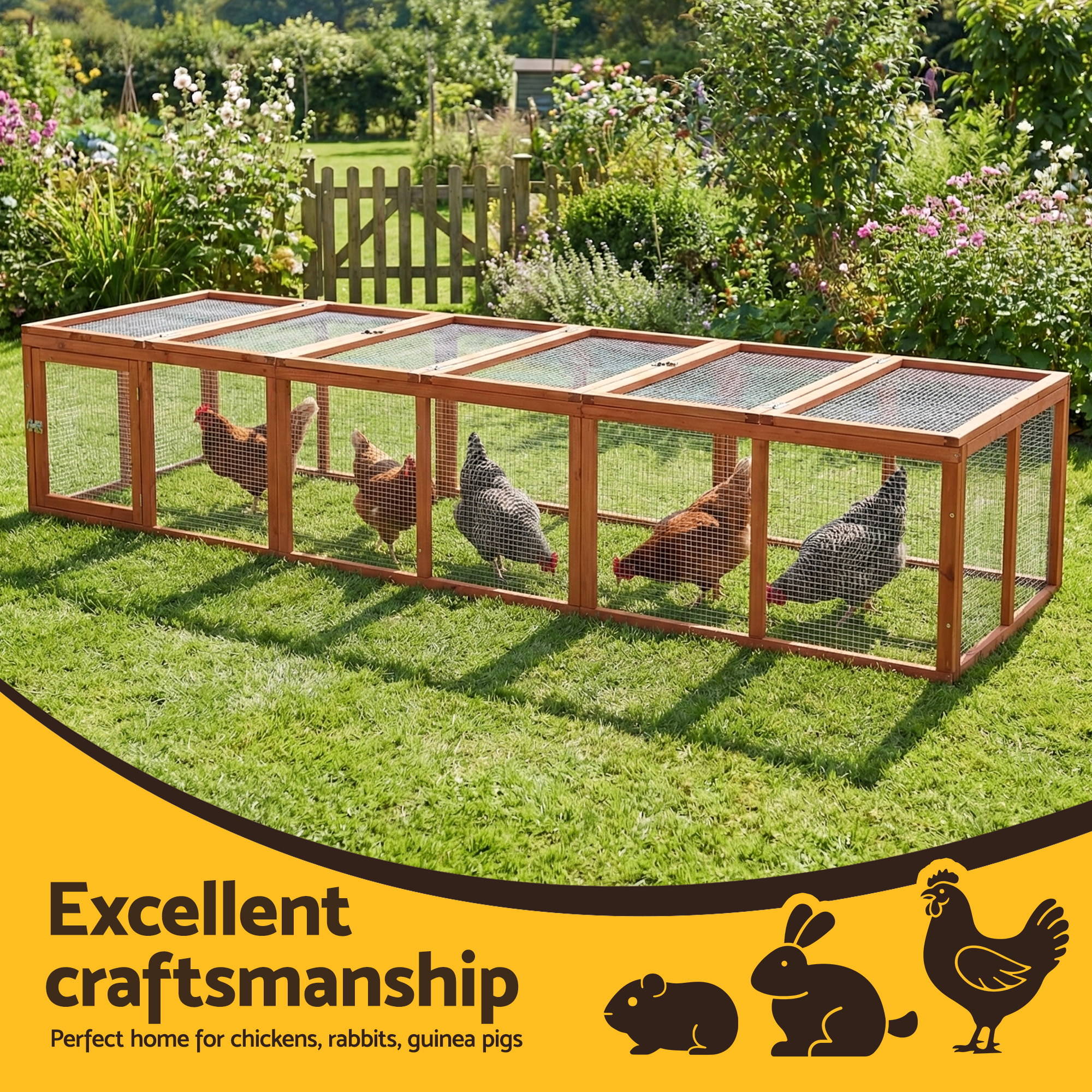 i.Pet Chicken Coop Wooden Pet Run Rabbit Hutch Large Outdoor Cage with Play Area Brown PET-GT-RR-6