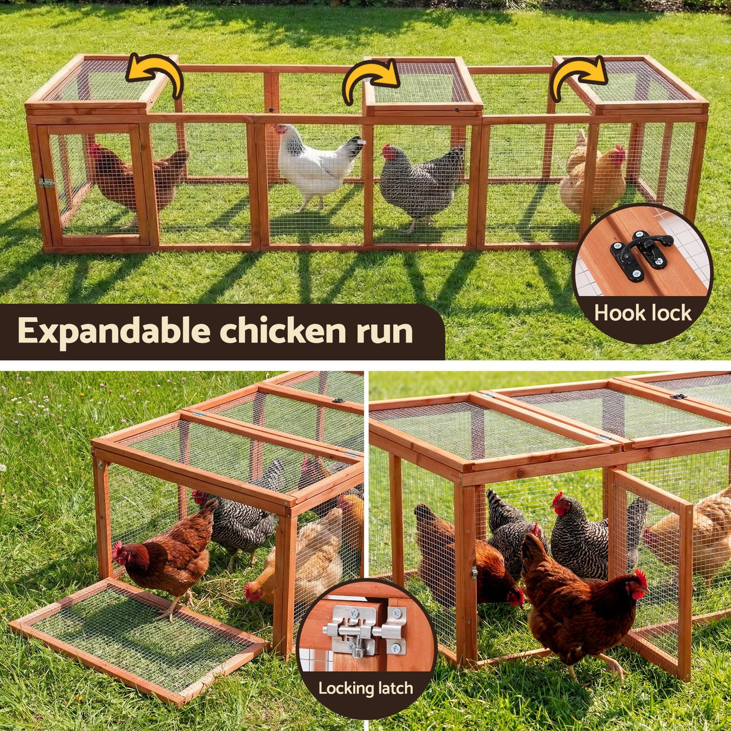 i.Pet Chicken Coop Wooden Pet Run Rabbit Hutch Large Outdoor Cage with Play Area Brown PET-GT-RR-6