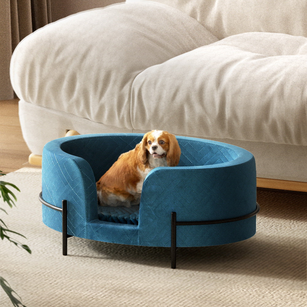 i.Pet Pet Bed Dog Sofa Lounge Cat Calming Couch Raised Blue PET-SBED-VEL-BL