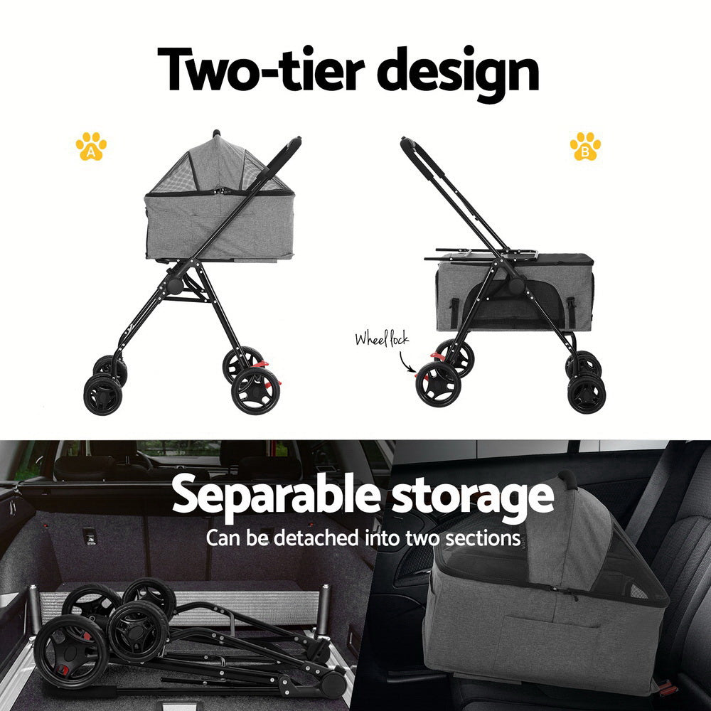 i.Pet Pet Stroller 2-tier Dog Pram Large Cat Carrier Travel Pushchair Foldable PET-STROLLER-2T-SLGR