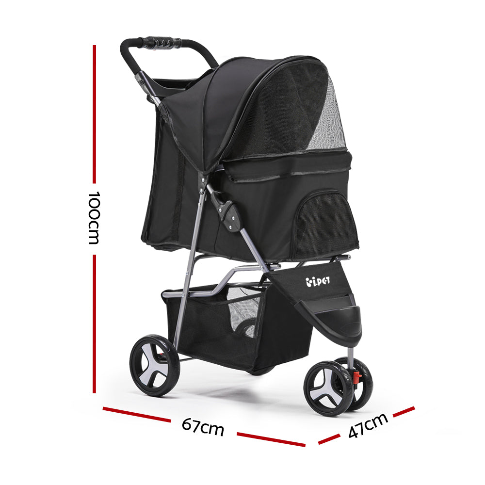 i.Pet Pet Stroller Dog Pram Cat Carrier Large Travel Pushchair Foldable 3 Wheels PET-STROLLER-3WL-BK