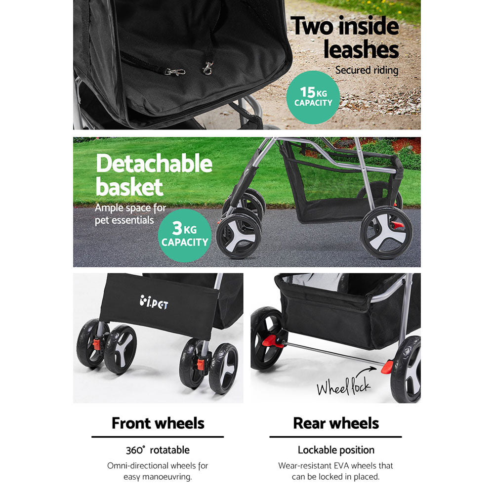 i.Pet 4 Wheel Pet Stroller - Black PET-STROLLER-4WL-BK