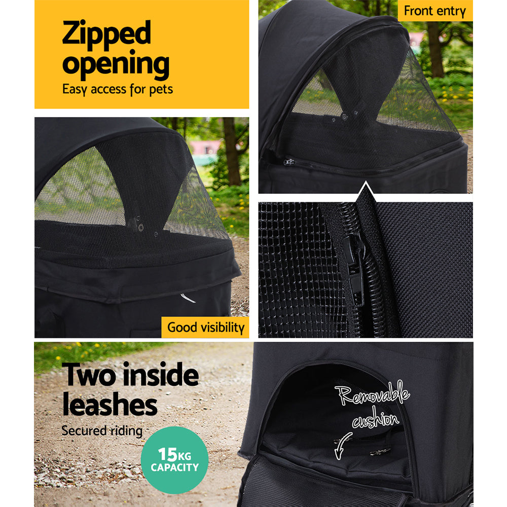 i.Pet Pet Stroller Dog Pram Cat Carrier Travel Large Pushchair Foldable 4 Wheels Black PET-STROLLER-4WL-M-BK