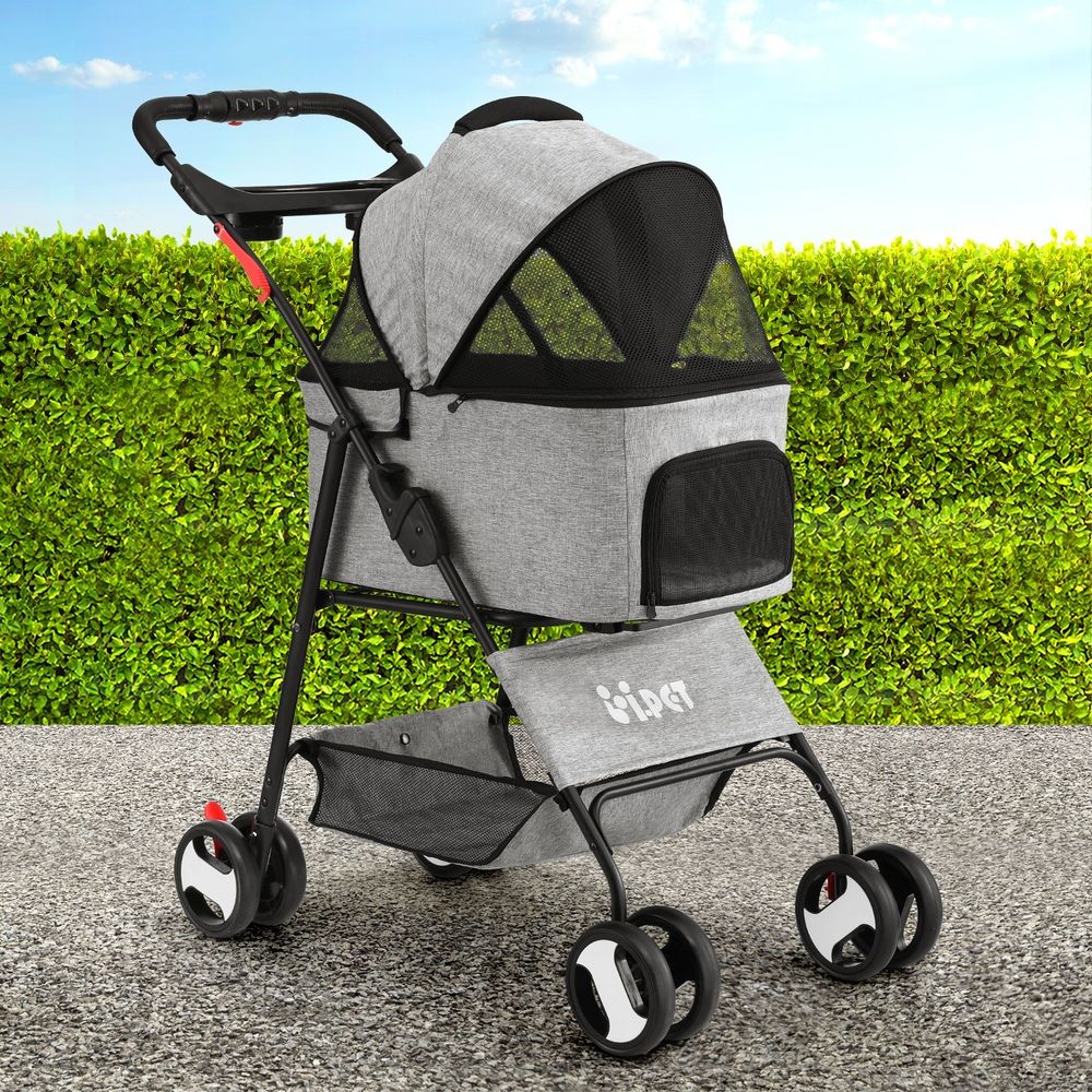 i.Pet Pet Stroller Dog Pram Cat Carrier Travel Large Pushchair Foldable 4 Wheels Grey