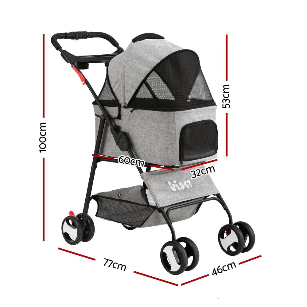 i.Pet Pet Stroller Dog Pram Cat Carrier Travel Large Pushchair Foldable 4 Wheels Grey