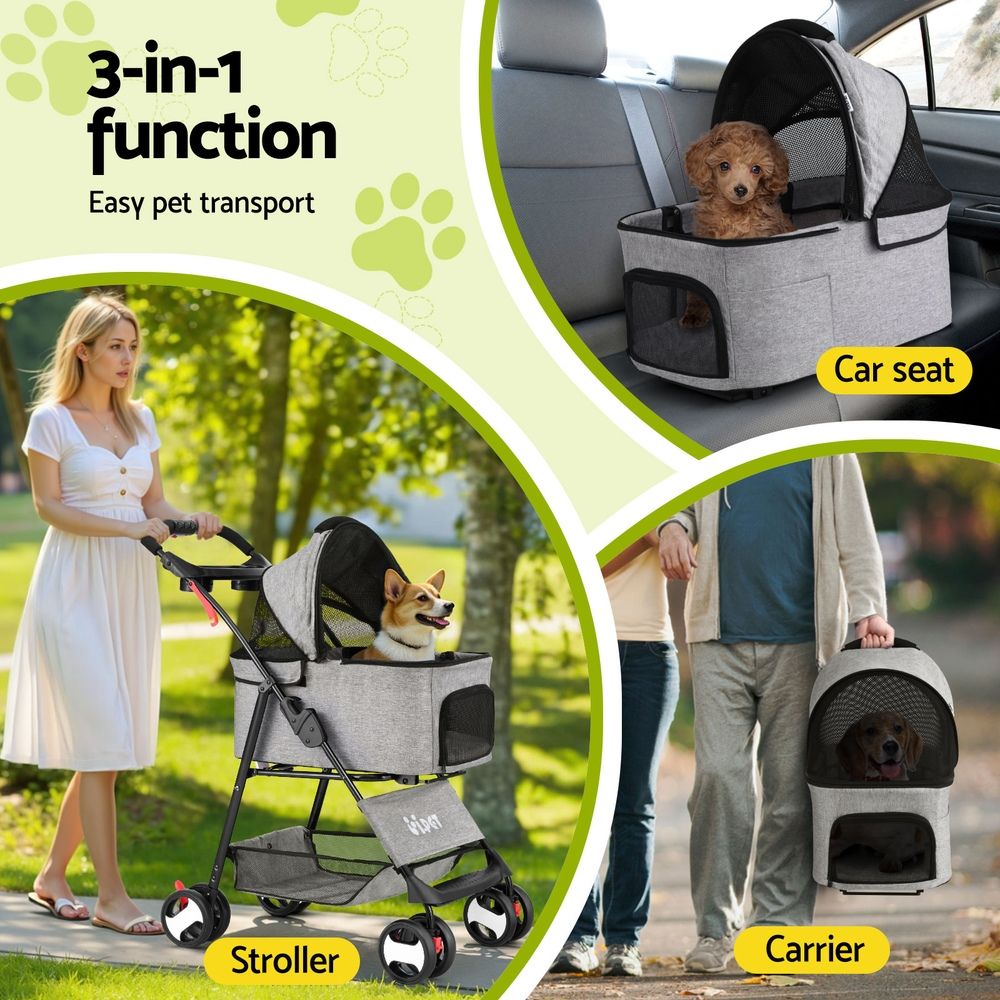 i.Pet Pet Stroller Dog Pram Cat Carrier Travel Large Pushchair Foldable 4 Wheels Grey