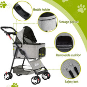 i.Pet Pet Stroller Dog Pram Cat Carrier Travel Large Pushchair Foldable 4 Wheels Grey