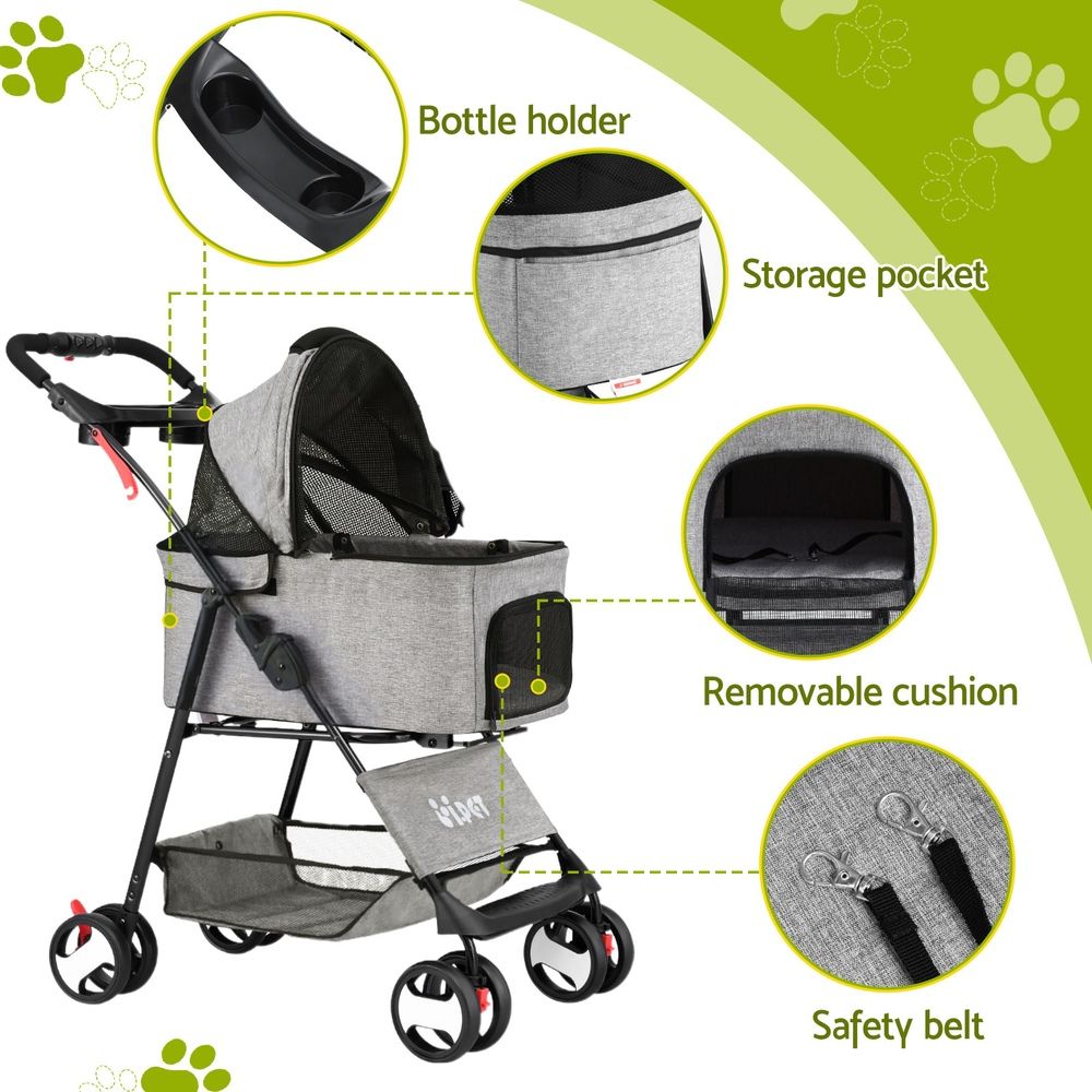 i.Pet Pet Stroller Dog Pram Cat Carrier Travel Large Pushchair Foldable 4 Wheels Grey