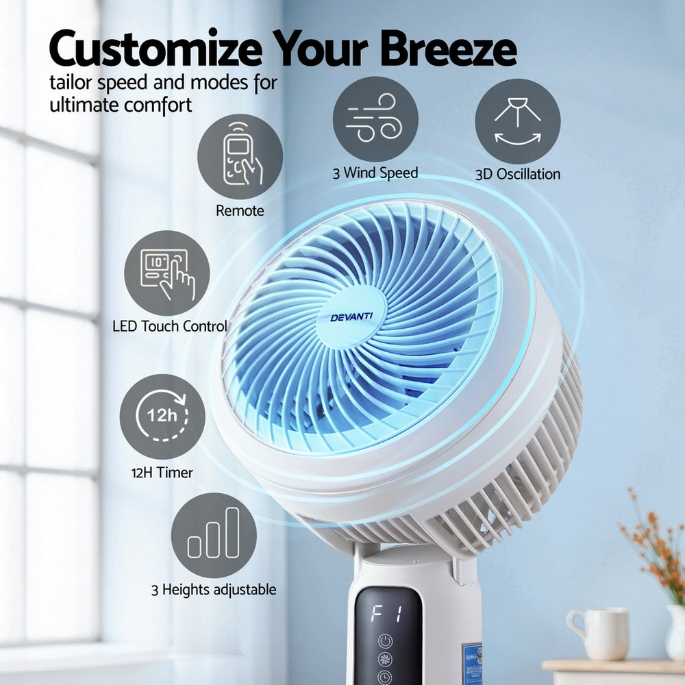 Devanti Pedestal Fan W/ Remote 3 Speed 12H Timer Height Adjustable Cooling Fan PF-RC-01R-WH
