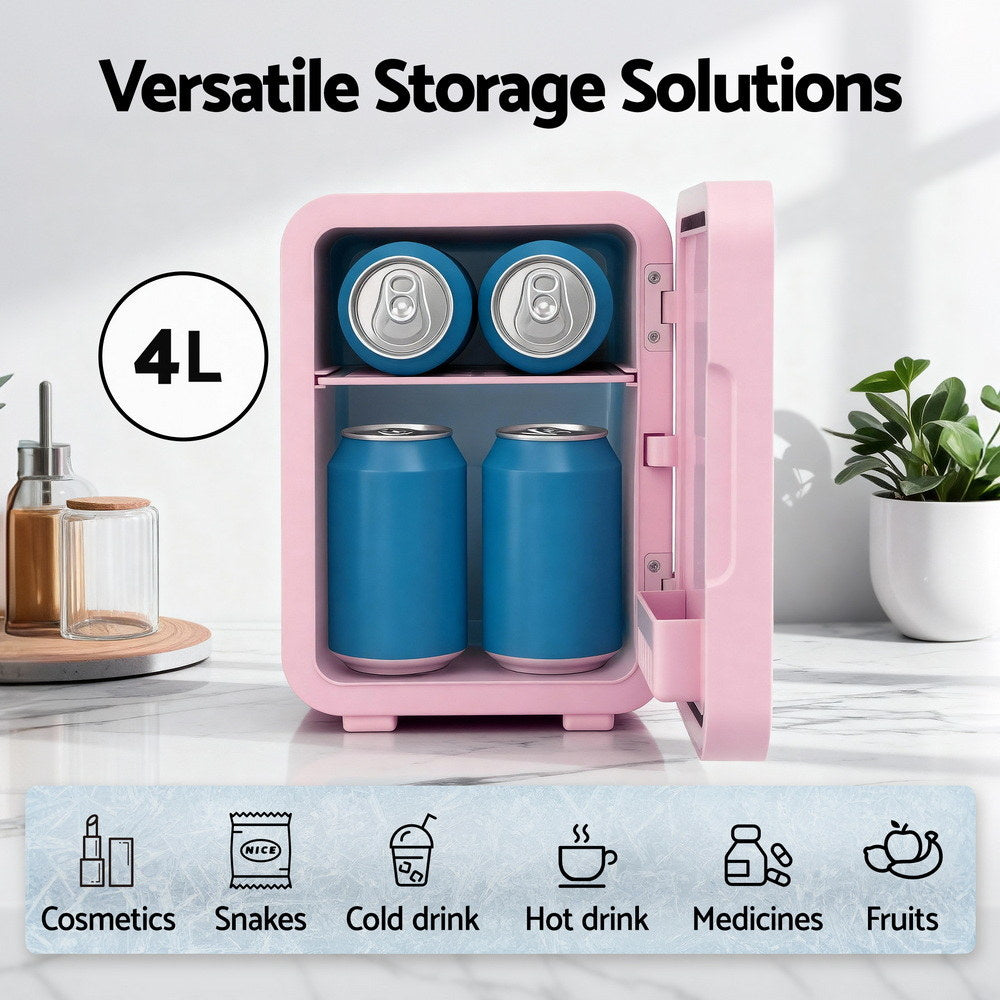 Glacio Mini Fridge Skincare Beauty Cooler Warmer LED Mirror 12V 220V Pink 4L PFN-B-4-LED-WH